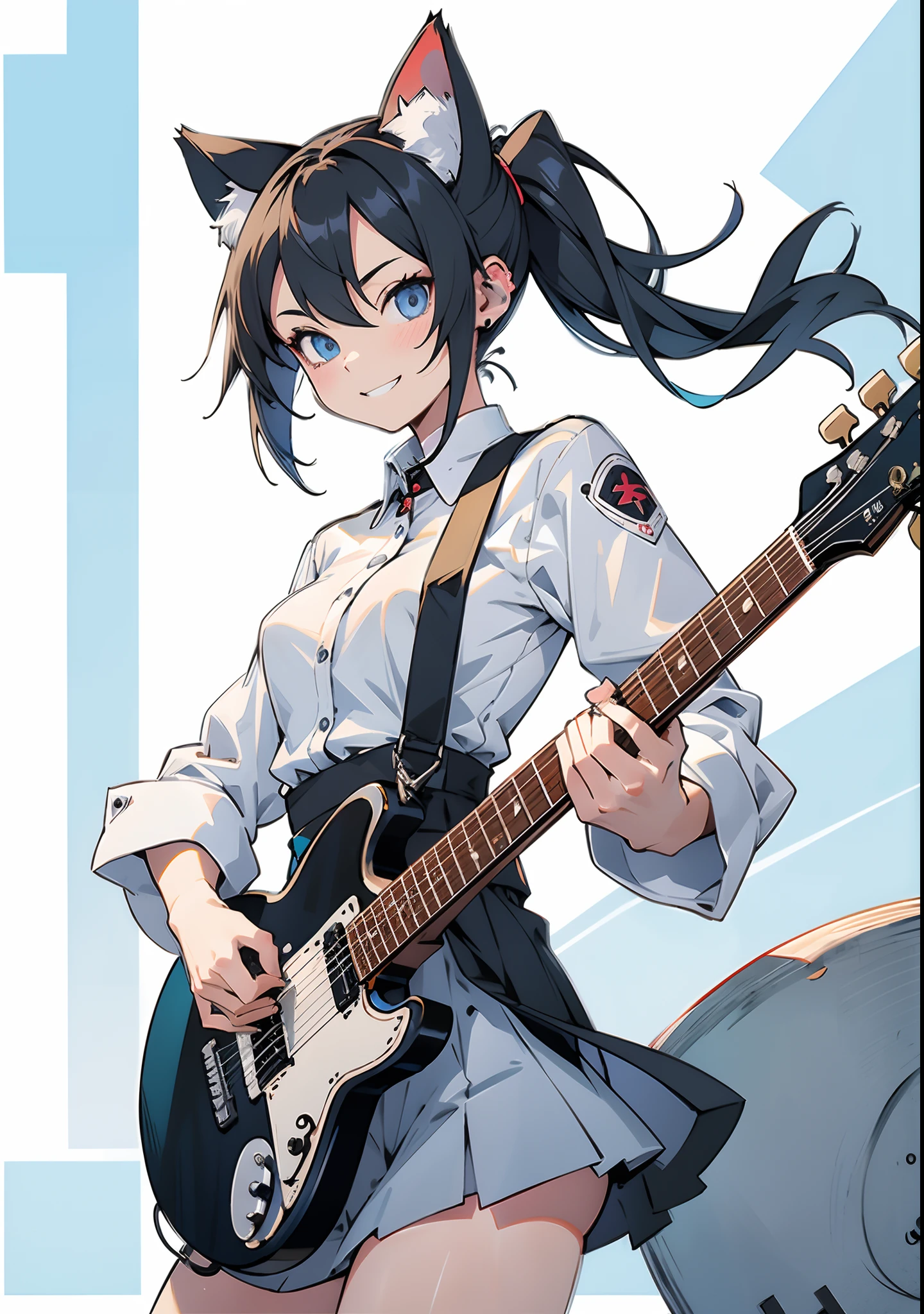 ((masutepiece, Best Quality))1girl in, Solo, Black Dress, Blue eyes, ((electric guitars)), headphones, double ponytails, Holding, holding plectrum, musical instrument, long green hair, Music, One side up, Twin-tailed, (Cat's ears)、playing guiter、(The number of strings on the guitar is accurate)、White futuristic clothes, White shirt, interiors、With a smile