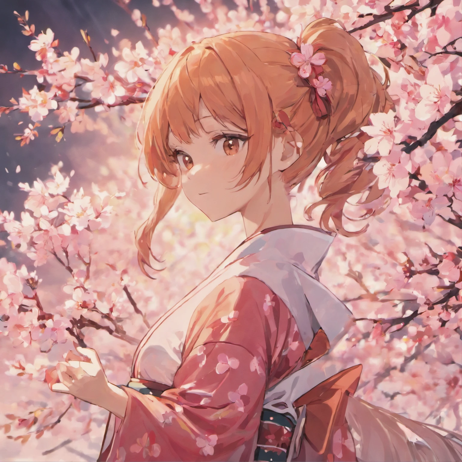 ((4K height definition)), Japanese anime(( The upper part of the body))  ((Heartbeat Literature and Art Department Monica))((Wearing a Japanese-style pink cherry blossom kimono)), ((Enchanting)), ((Orange hair color long single ponytail)), ((looking at a camera and smiling)), Detailed, Detailed nice cute face, Sharp focus, (Detailed and intricate), 4K, Leica 35mm F2.8,Anime avatar