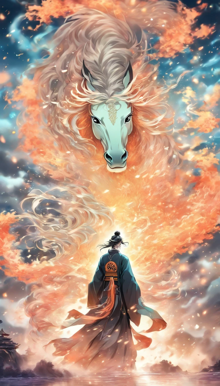 China style,中景 the scene is,The Taoist priest stood in front of a huge transparent heavenly horse,reaching out her hands,Long messy hair,Glow effect,Hyper-realistic,Ultra photo realsisim,Chinese black and white ink style,Silver,Decolorization,Smudge,Inky,8K,super-fine,high qulity,OC renderer