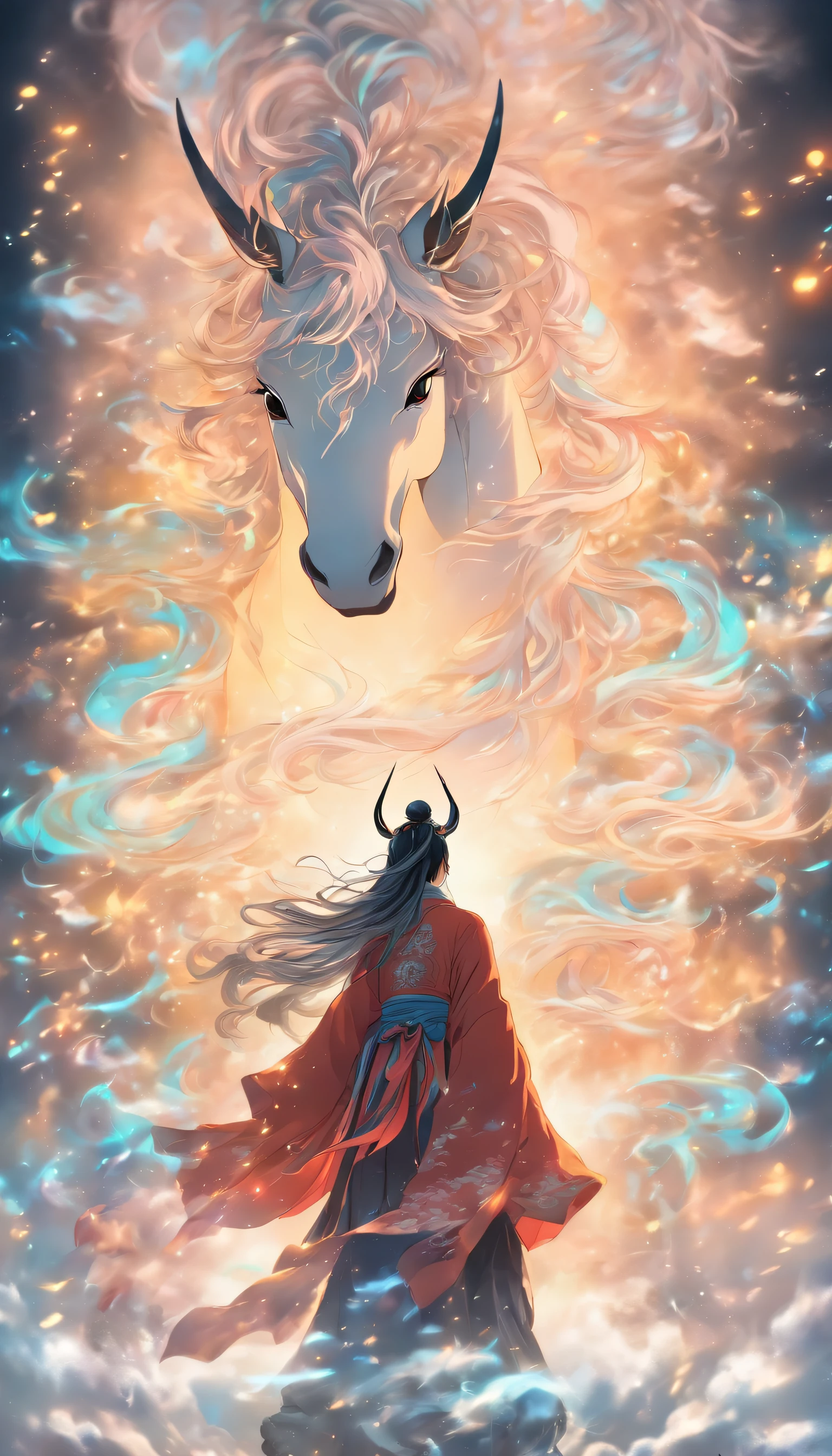 China style，中景 the scene is，The Taoist priest stood in front of a huge transparent unicorn，reaching out her hands，Long messy hair，Glow effect，Hyper-realistic，Ultra photo realsisim，Chinese black and white ink style，Silver，Decolorization，Smudge，Inky，8K，super-fine，high qulity，OC renderer