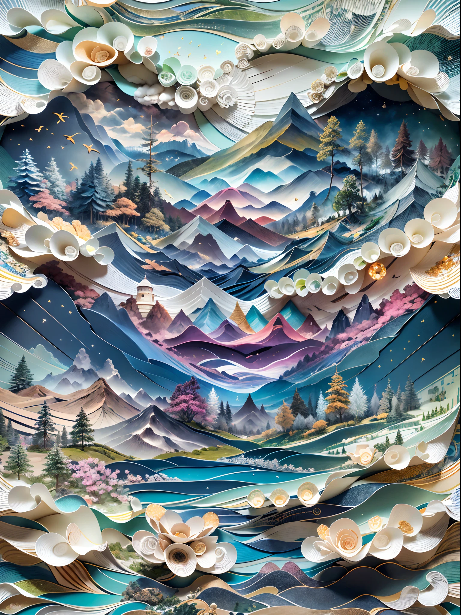 (Best quality,4K,8K,A high resolution,Masterpiece:1.2),Ultra-detailed,(Realistic,Photorealistic,photo-realistic:1.37)。(A painting on the table,Made of paper)。paper art,Beautiful layered paper art,Stack layers,Layers,arte em papel cortado,stacking,Hollow-out on,3D rendering of,lighting,sky,Clouds,Mountains,green waters,terraced,Paper material,Blue and white,Layered landscape,Paper Cut Mountain,Hierarchical fields,Vivid colors,Front view