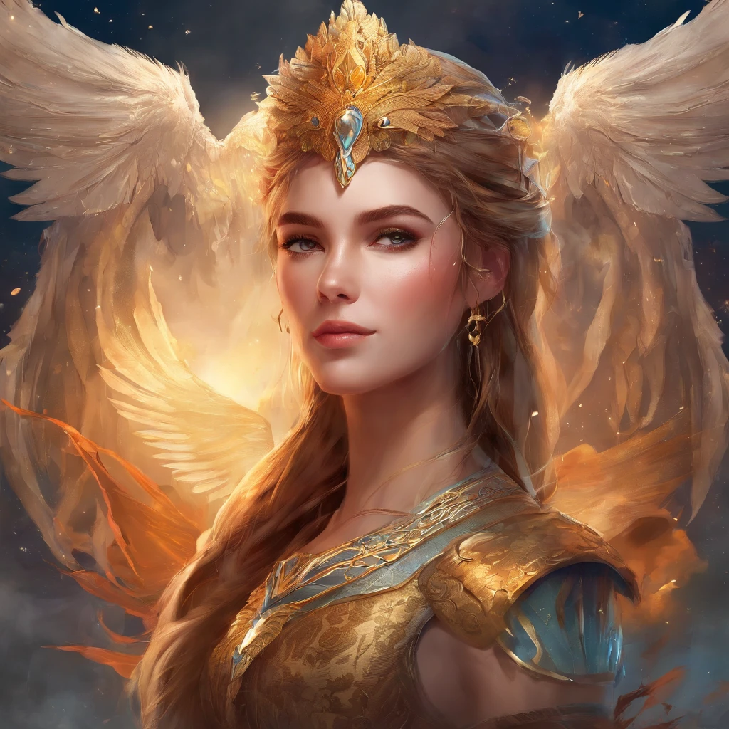 SuperiorQuality, tmasterpiece, ultra - detailed, photo RAW, (Fotorrealista:1.4), ,with a crown on her head,He was wearing armor,(the Lion),Wings
