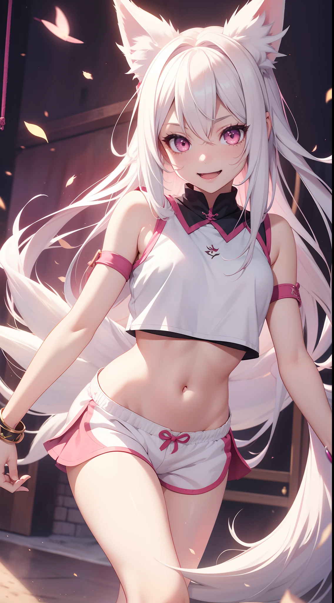 young girl, Very long white hair, pink eyes, fox ears, Very long fox tail, smile, opened mouth, Dragon Wings, Flight, white tanktop, Sleeveless, Shorts, open belly, Masterpiece, hiquality, 4k, HD, Good detail
