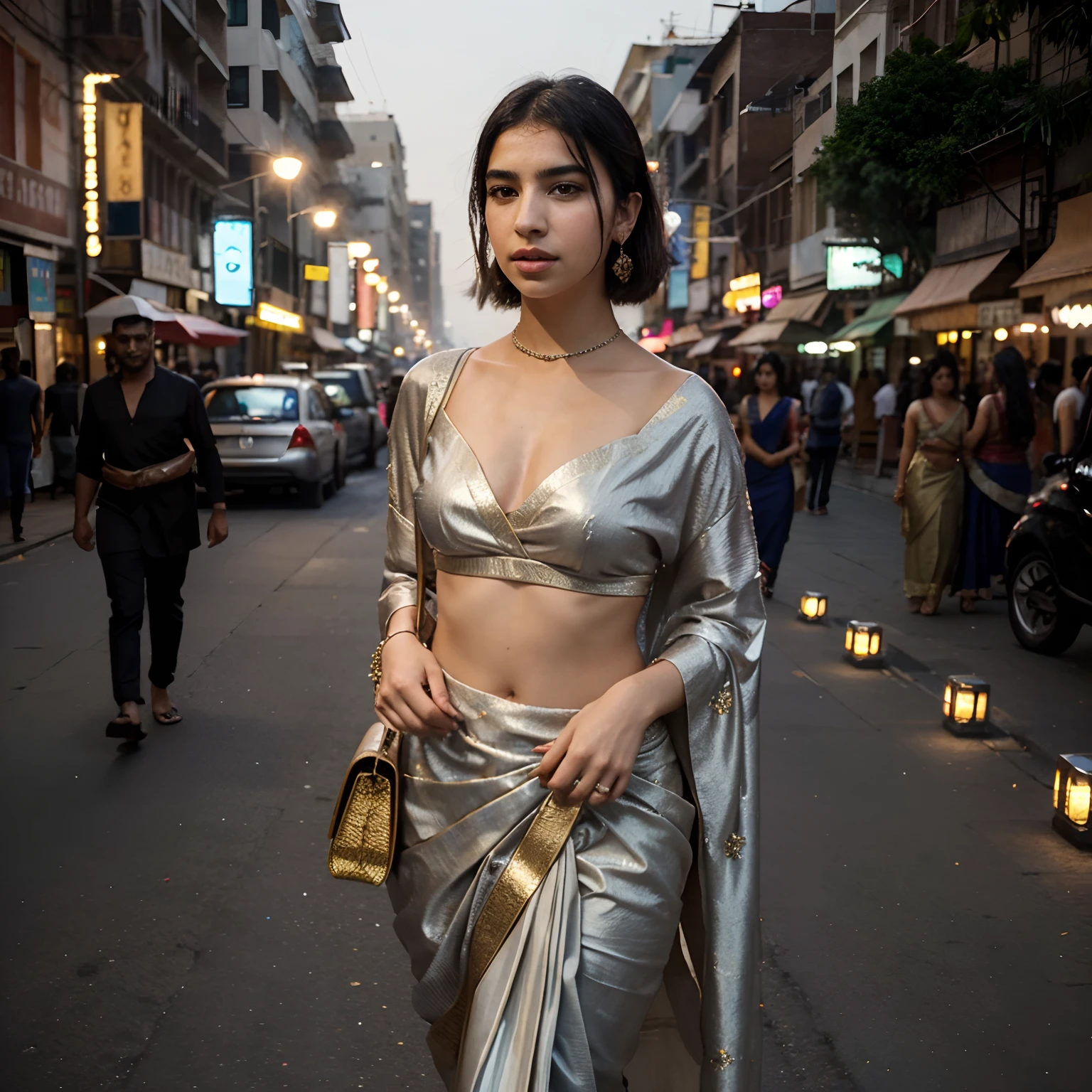 Visualizing Dua Lipa in a stunning Indian saree:

Dua Lipa, known for her modern style, gracefully adorns a radiant silver Indian saree as she walks through the vibrant city streets under the shimmering night sky. The saree drapes elegantly around her, exuding timeless elegance with a hint of contemporary flair.

In her hand, she carries a leather purse, a striking fusion of cultures, embodying both the traditional and the contemporary. The city lights cast a magical glow on her attire, turning it into a sparkling work of art.

Above, the night sky is ablaze with an impressive fireworks display, painting the heavens with a kaleidoscope of colors. Dua Lipa's face wears an expression of sheer amazement and wonder as she gazes at the spectacle, clearly enchanted by the beauty of India's rich cultural tapestry and its ability to blend tradition and modernity into a mesmerizing whole.