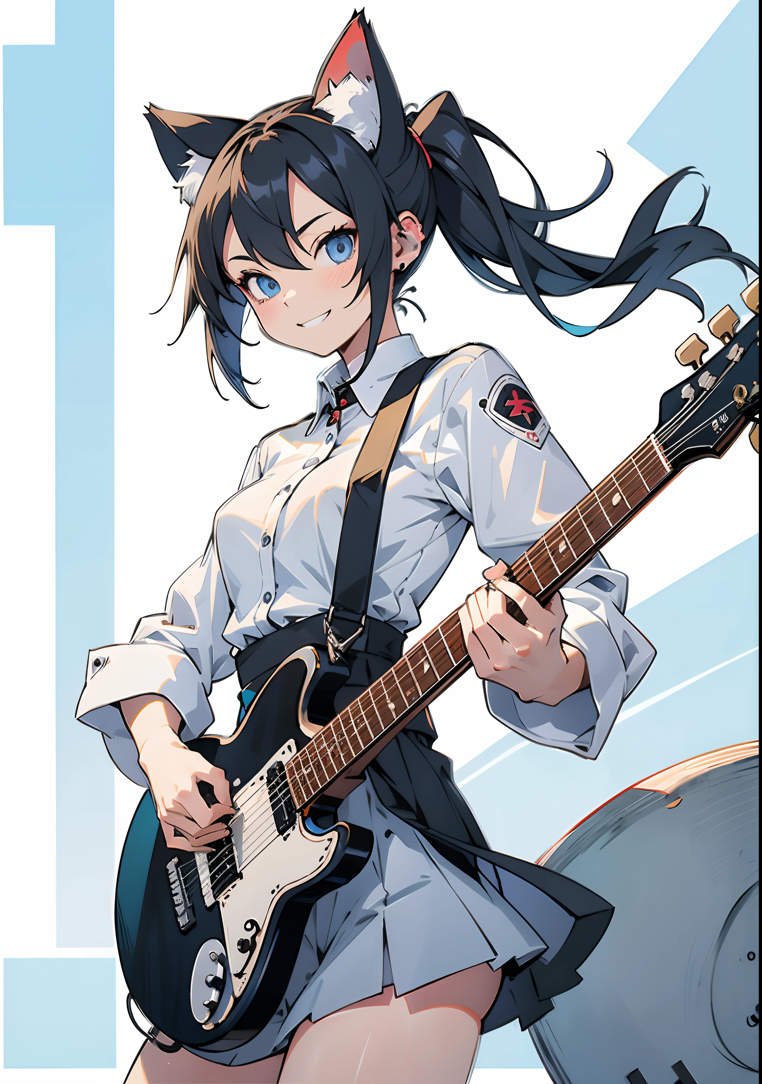 ((masutepiece, Best Quality))1girl in, Solo, Black Dress, Blue eyes, ((electric guitars)), headphones, double ponytails, Holding, holding plectrum, musical instrument, long green hair, Music, One side up, Twin-tailed, (Cat's ears)、playing guiter、(The number of strings on the guitar is accurate)、White futuristic clothes, White shirt, interiors、With a smile