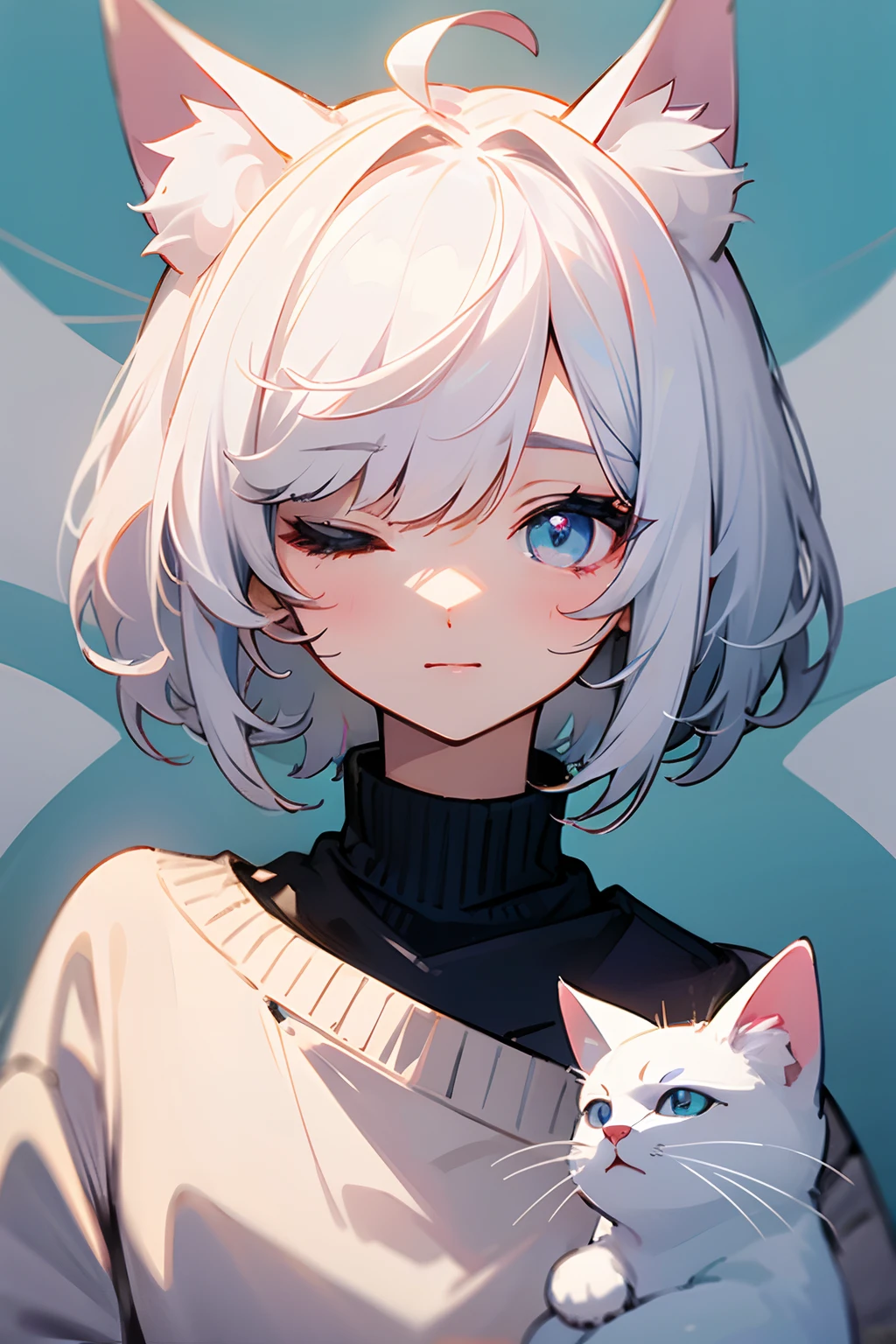 femele、short-cut、Bangs that hide one eye、Sweaters、Cat's ears、White hair、Both eyes are closed