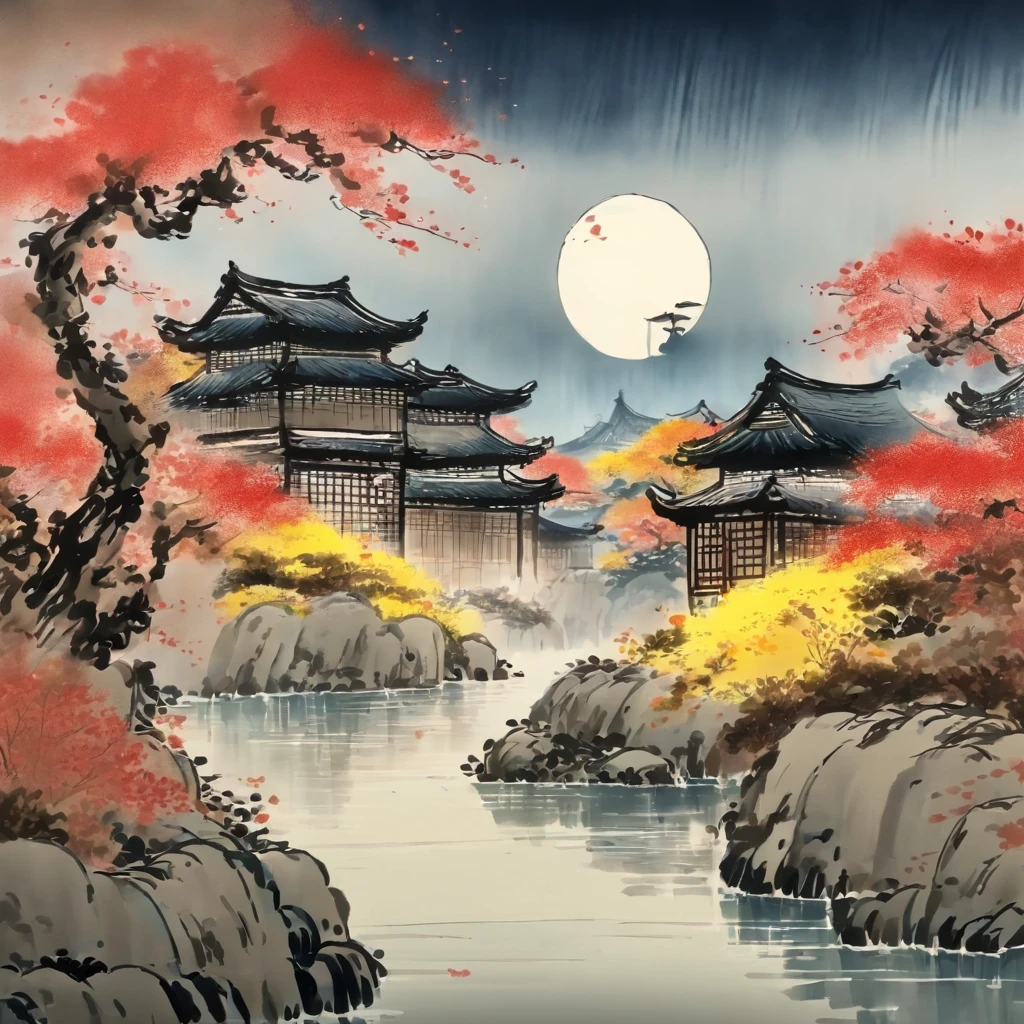 Cottage nearby,In the distance, the landscape is intertwined,themoon,Qi Baishi,wide high angle view,the night,rained,Tradition Chinese Ink Painting