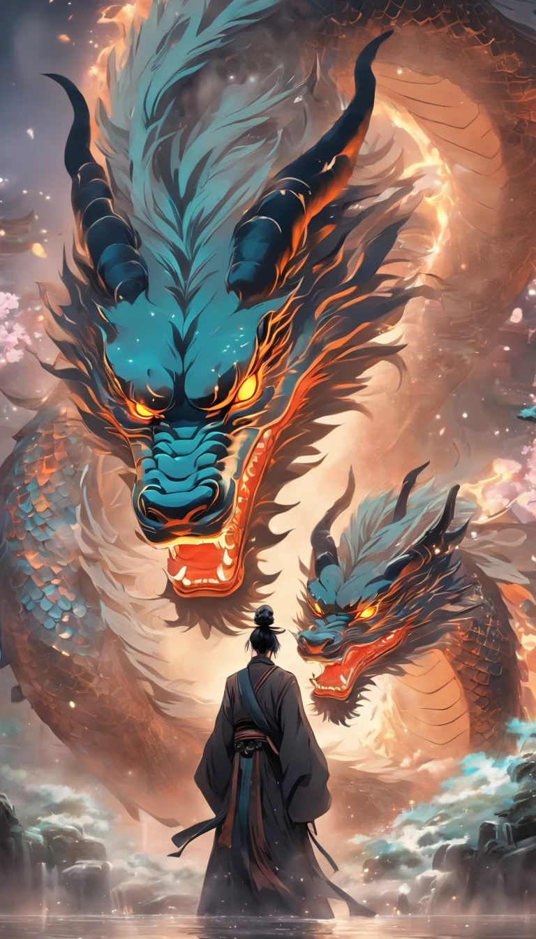 china style,中景 the scene is,The Taoist monk stood in front of a huge transparent dragon,reaching out her hands,Long messy hair,glow effect,Hyper-realistic,Ultra photo realsisim,Chinese black and white ink style,Silver,decolorization,Smudge,inky,8K,super-fine,high quarity,OC Renderer