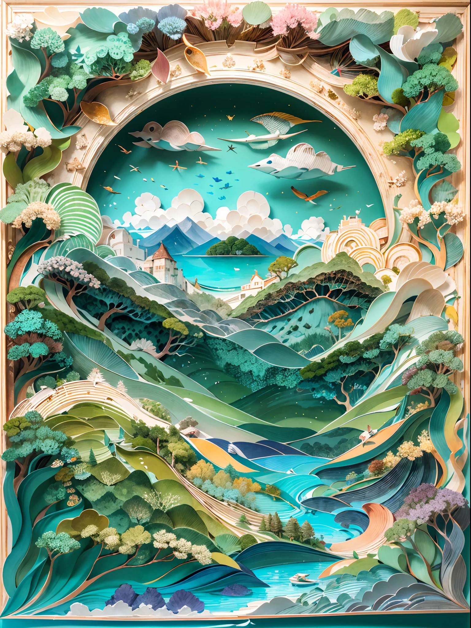 There is a beautiful painting in the frame,made of paper。(with blue sky and white clouds,Green Mountains and Green Water,terraced),((arte em papel cortado,layered paper art,Layers,Layers on the heap,Flat paper cutout,Stacked,Hollow-out on,3Drenderingof)),Front view,frontage