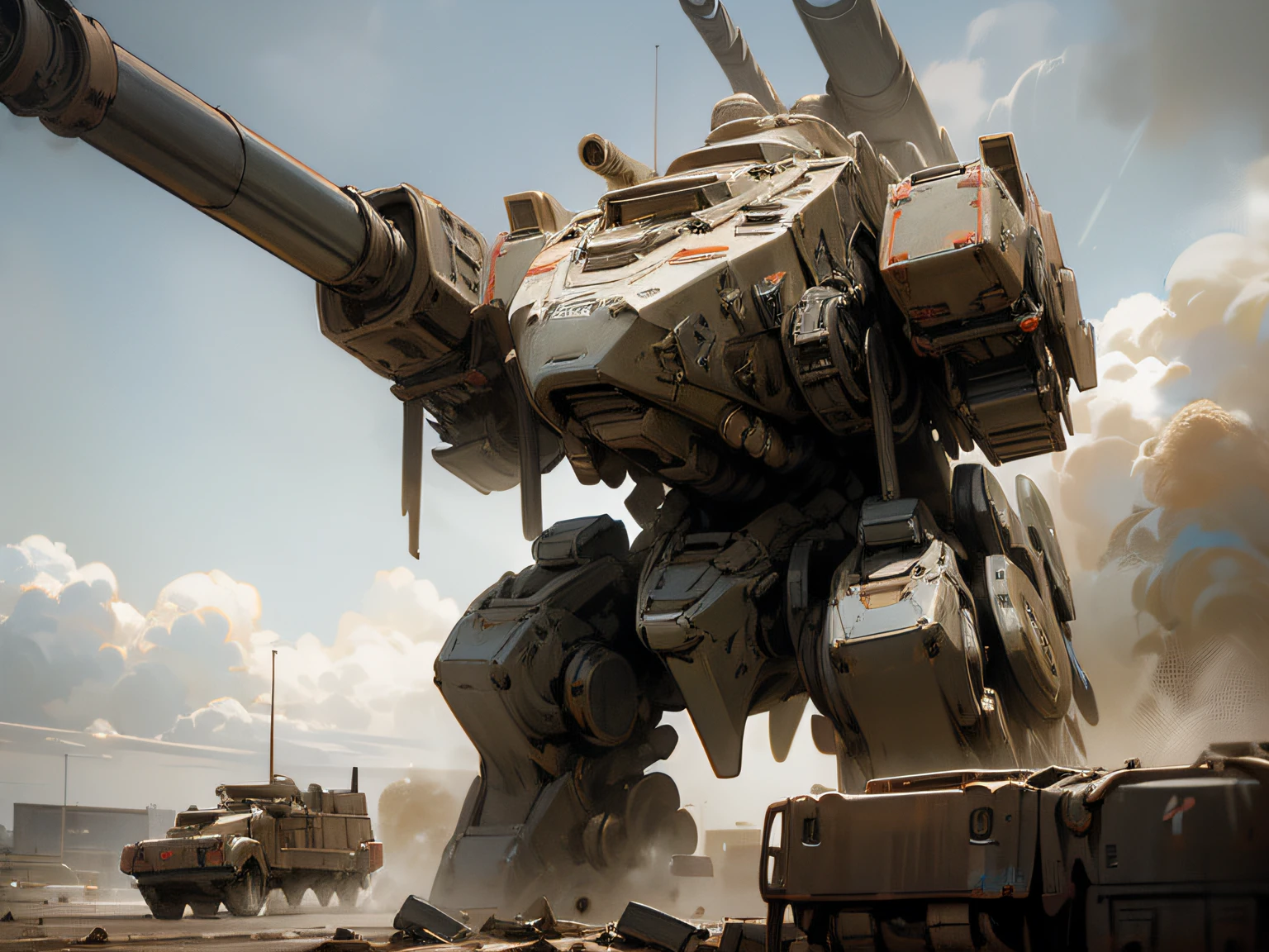 two heavy battle tanks drive toward the viewer kicking up dust clouds, the squat heavy tanks have twin 150mm guns, behind the tanks a twelve metre tall war mech emerges from the dust clouds, desert setting, dramatic lighting, hyper-realism
