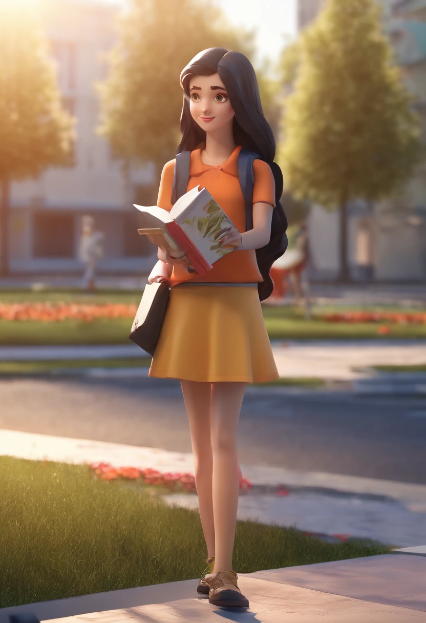 On the playground of the campus in the afternoon sun，Standing a girl holding a book，The girl has dark red eyes，Long black hair