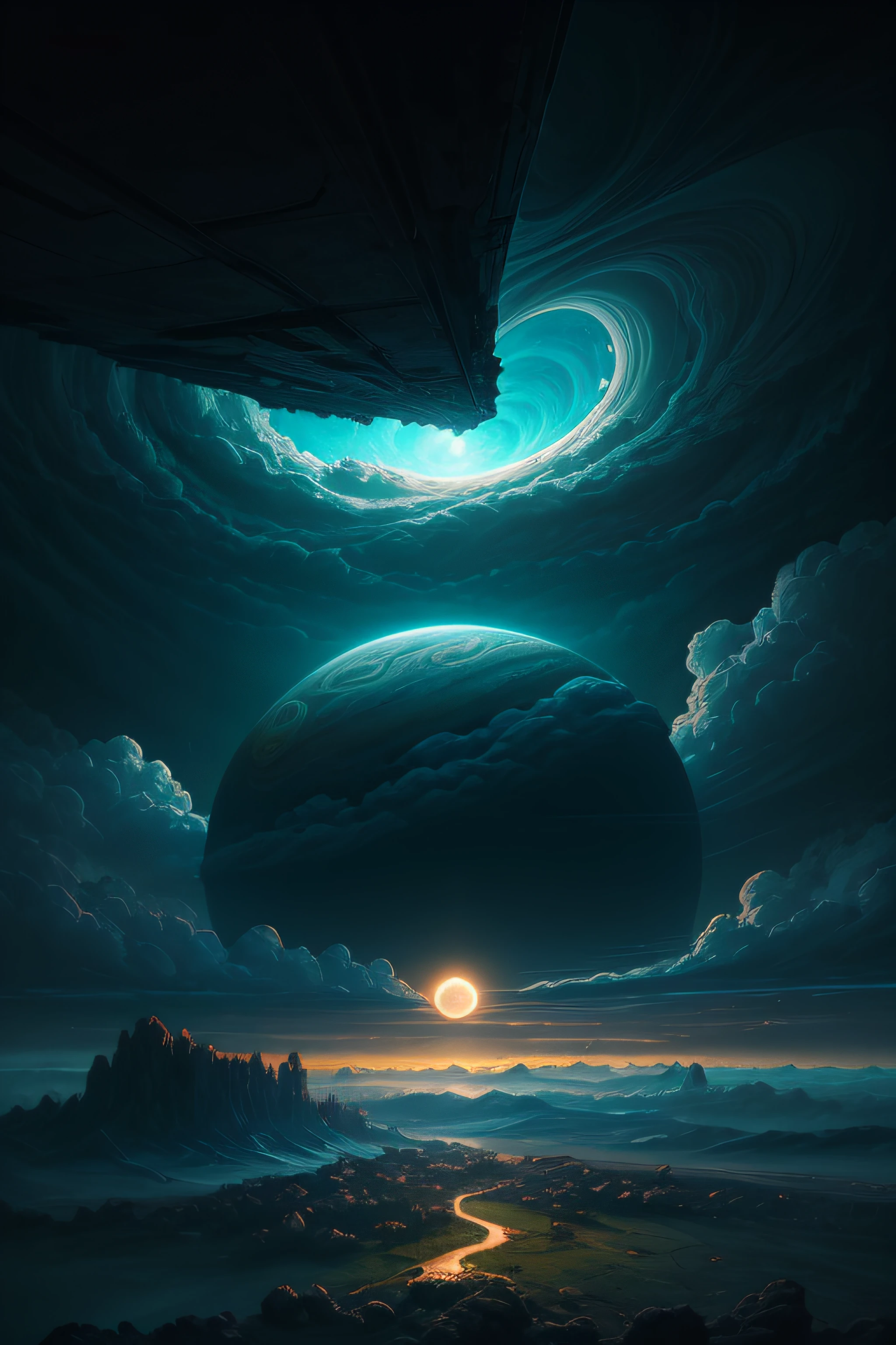 illustration of jupiter clouds by dan mumford, alien landscape and vegetation, epic scene, a lot of swirling clouds, high exposure, highly detailed, realistic, vibrant blue tinted colors, uhd