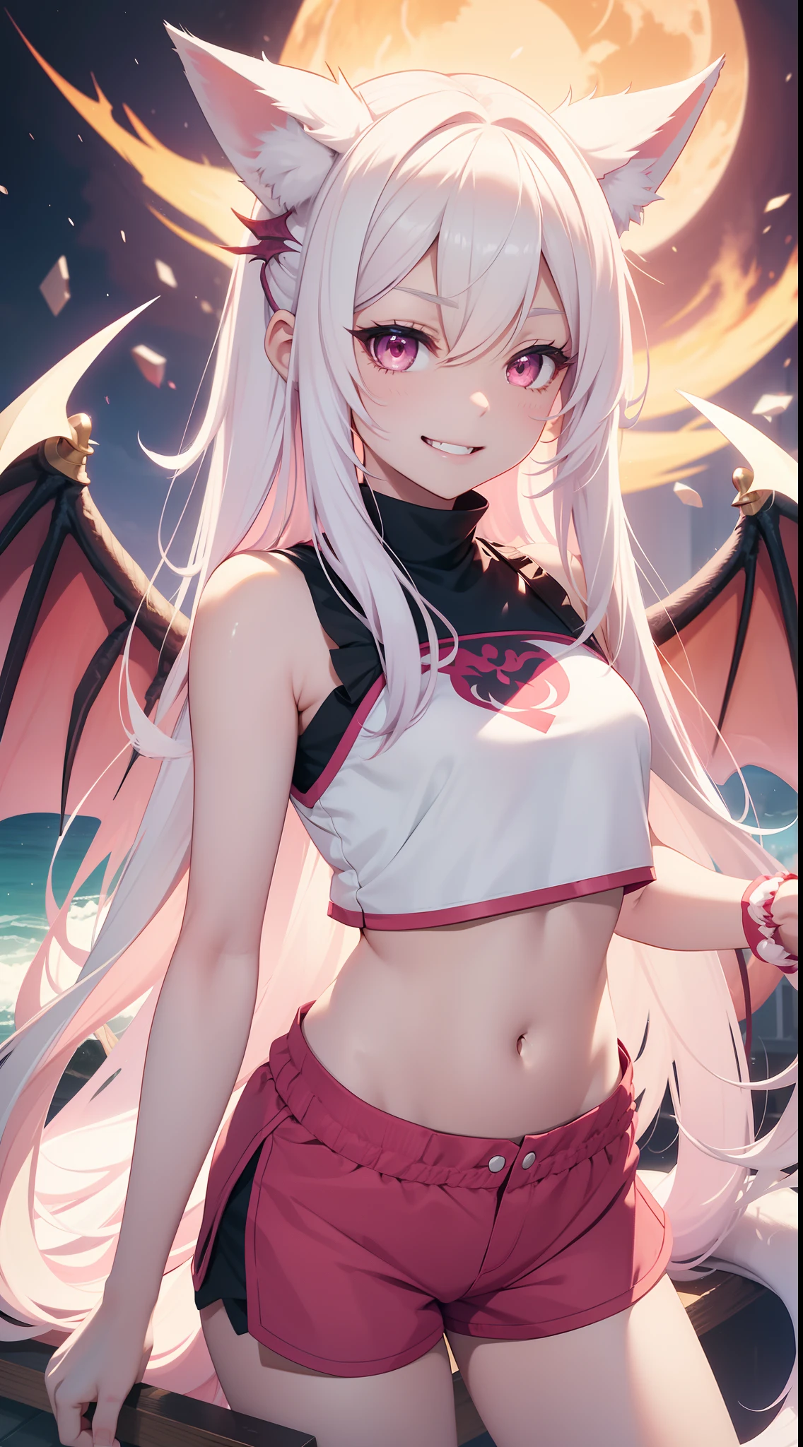 young girl, Very long white hair, pink eyes, fox ears, Very long fox tail, smile, opened mouth, Dragon Wings, Flight, white tanktop, Sleeveless, Shorts, open belly, Masterpiece, hiquality, 4k, HD, Good detail
