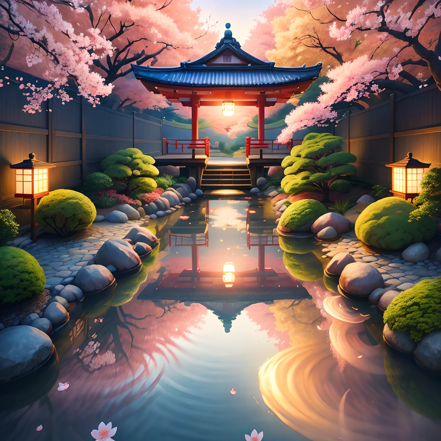 (digital painting),(best quality), serene Japanese garden, cherry blossoms in full bloom, koi pond, footbridge, pagoda, Ukiyo-e art style, Hokusai inspiration, Deviant Art popular, 8k ultra-realistic, pastel color scheme, soft lighting, golden hour, tranquil atmosphere, landscape orientation