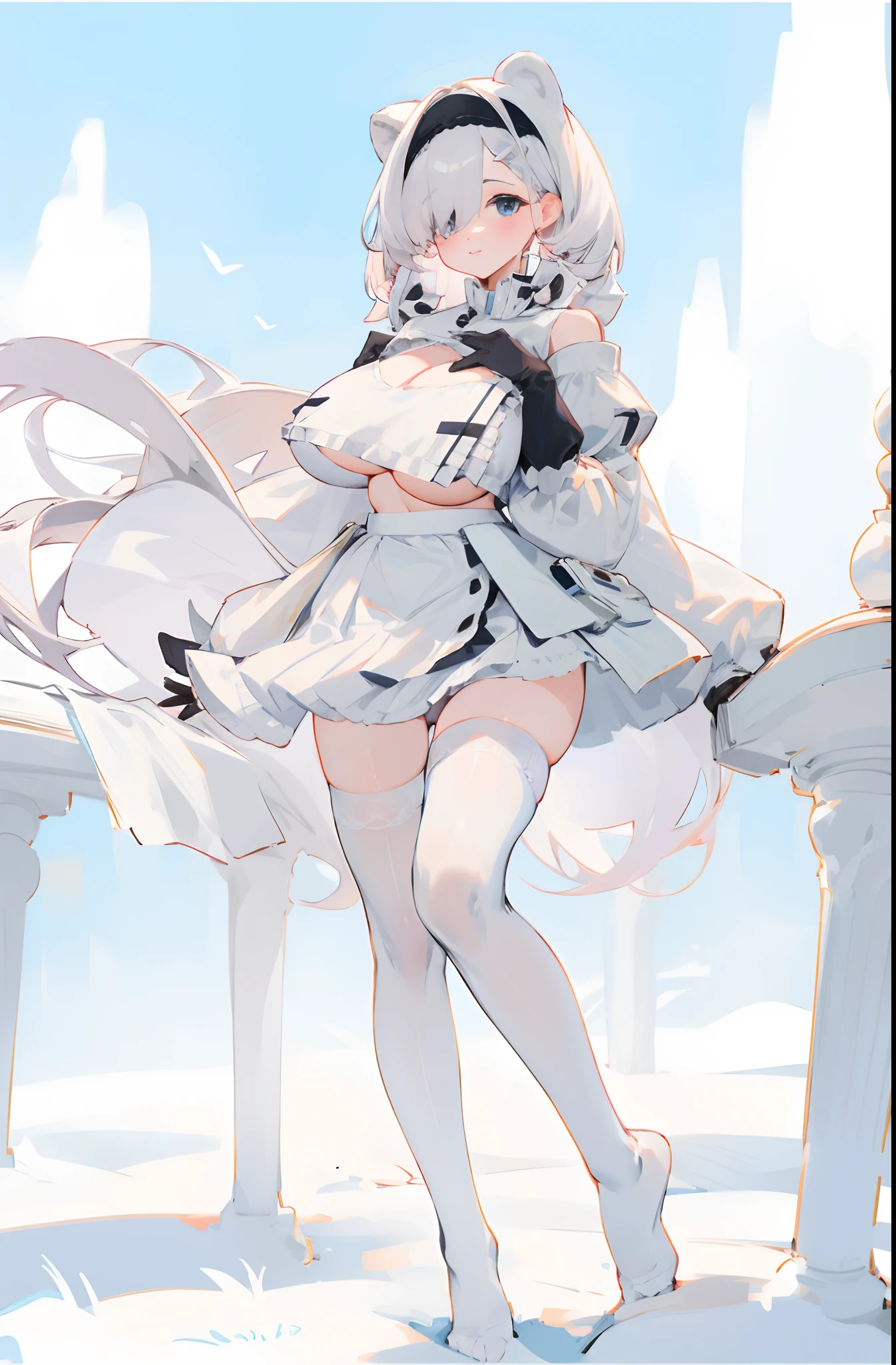 Bigboobs,No shoes,cropped shoulders,White knee-length stockings,White ta skirt,