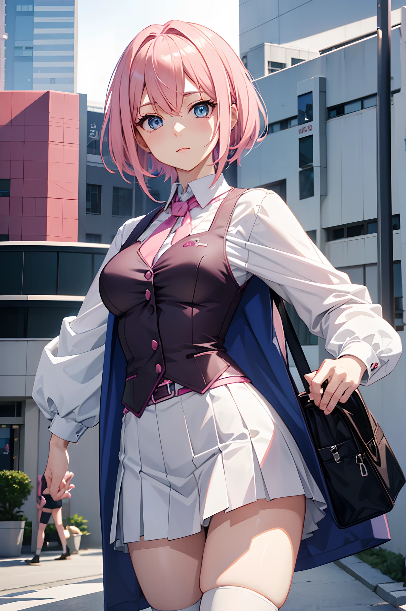 Anime girl with pink hair and blue eyes in vest, render of april, sayori, close up iwakura lain, 8k portrait rendering, render of a cute 3d anime girl, photorealistic anime girl render, smooth anime cg art, close up of a young anime girl, anime visual of a cute girl, too, anime moe artstyle