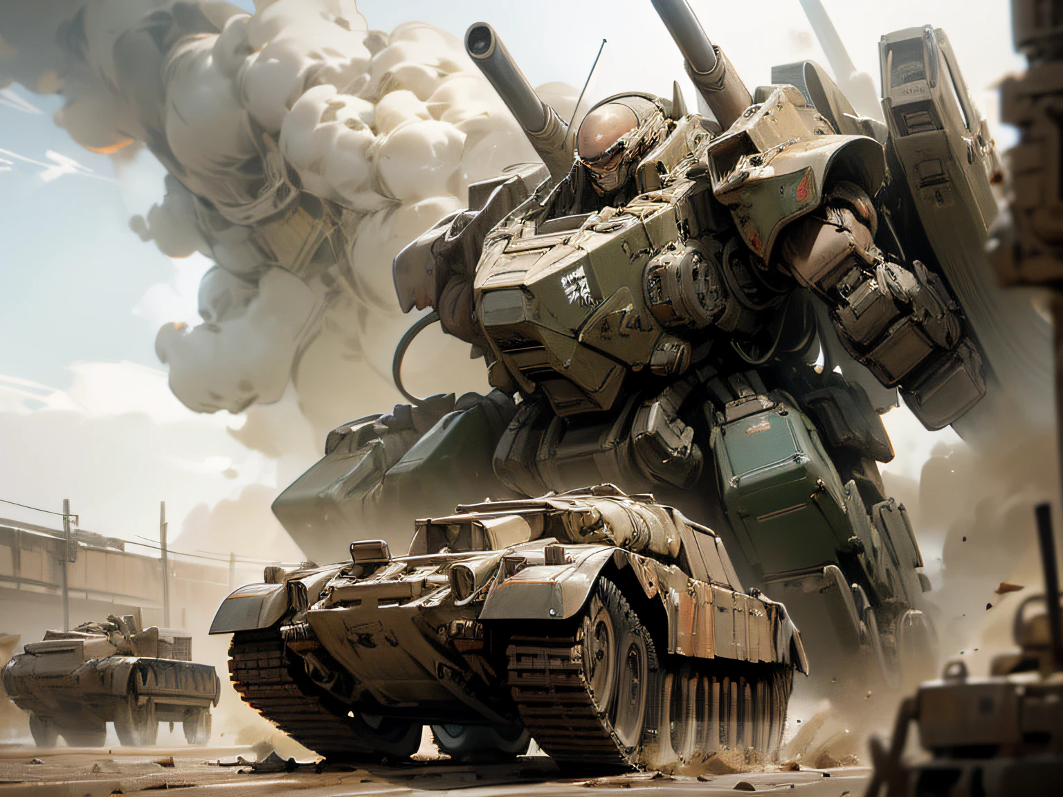 two heavy battle tanks drive toward the viewer kicking up dust clouds, the squat heavy tanks have twin 150mm guns, behind the tanks a twelve metre tall war mech emerges from the dust clouds, desert setting, dramatic lighting, hyper-realism