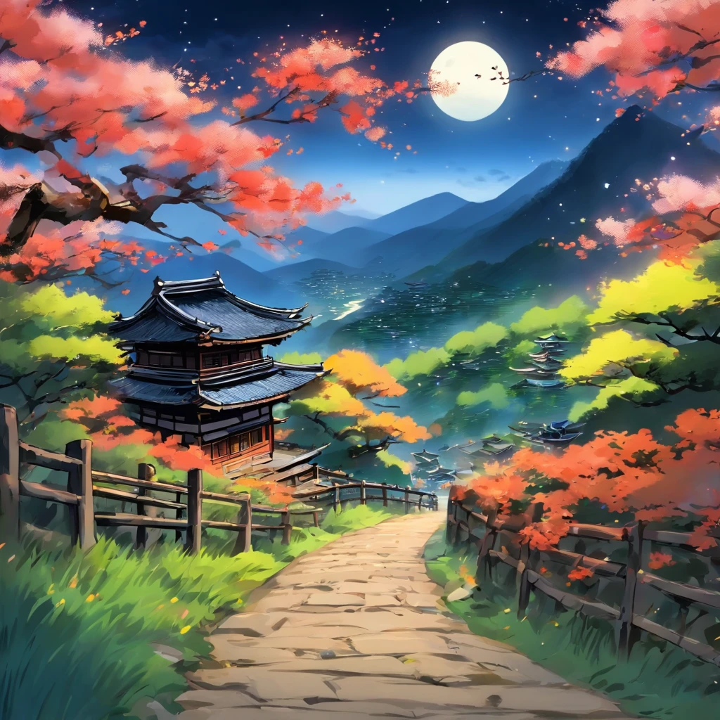 Cottage nearby，Winding paths，In the distance, mountains crisscross，themoon，Qi Baishi，wide high angle view，the night，after rainny