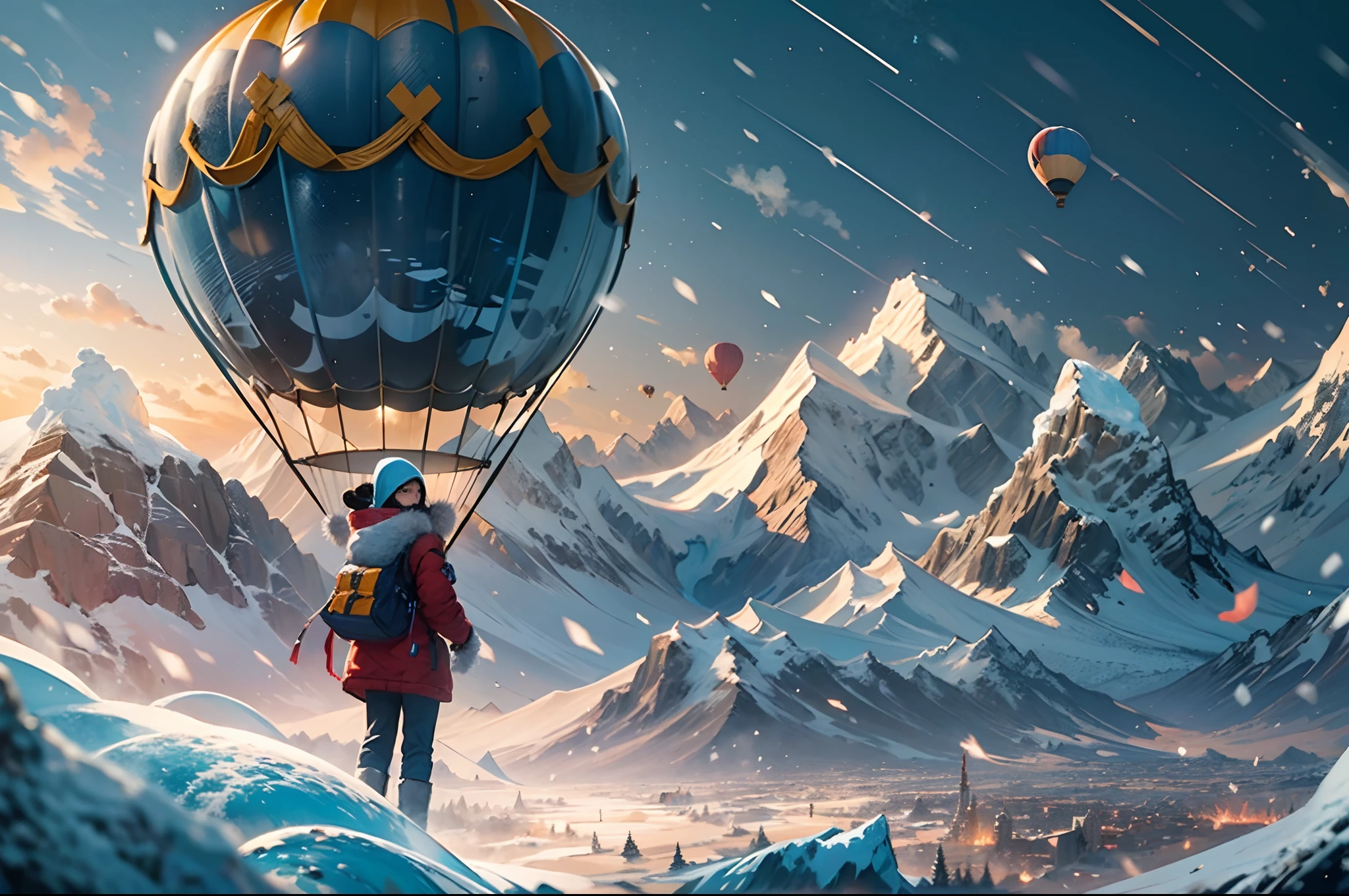 A girl enjoy their winter vacation trip at snow mountain glacier in the hot air balloon, flying in the air through hot air balloon, snow flakes, adventurous art, waterfall, super detailed concept art, 24K UHD night view, Full HD resolution, rendered by octane