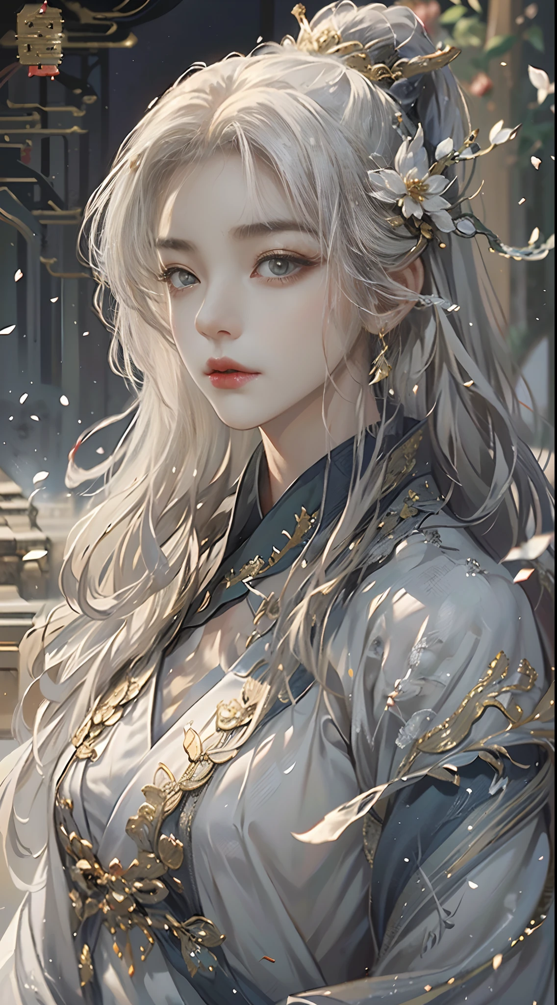 (extreamly delicate and beautiful:1.2), 8K, (tmasterpiece, best:1.3), (ANCIENT_CHINESE_FANTASY:1.7) (LONG_WHITE_HAIR_Princesse:1.5) (wears white hanfu with golden embroidery:1.2), 1 girl, (Perfect_symmetrical_eyes:1.5) amazing_enchanting_gaze, gorgeous ferfect face