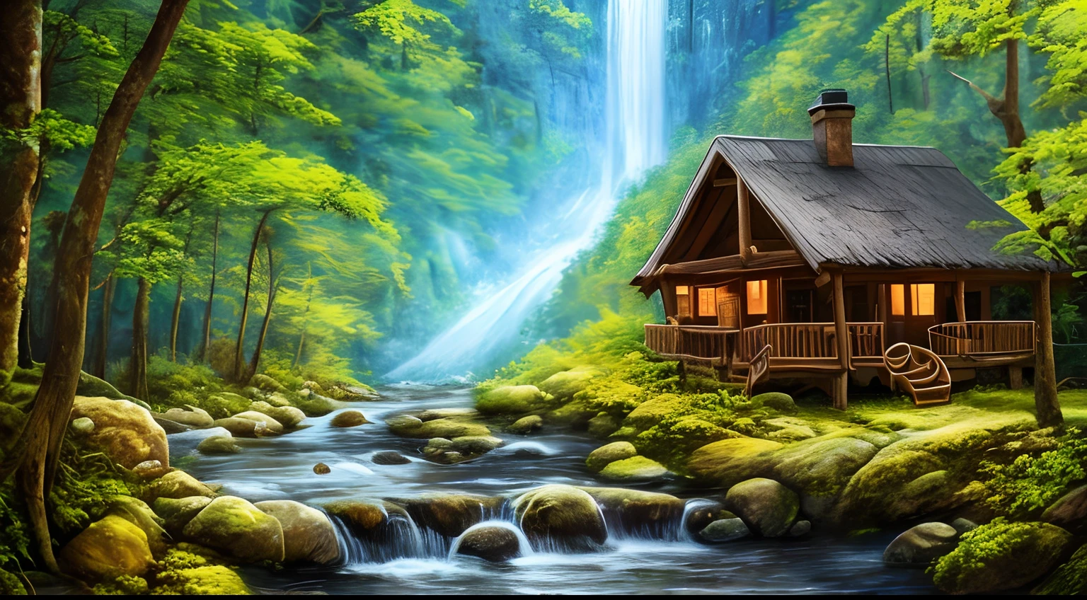 painting of a cabin in a mountain stream with a waterfall, 4 k oil painting, beautiful oil matte painting, oil painting 4 k, oil painting 4k, cottage in the forest, beautiful oil painting on canvas, beautiful digital painting, smooth oil painting, beautiful art uhd 4 k, 8 k hd detailed oil painting, oil digital painting