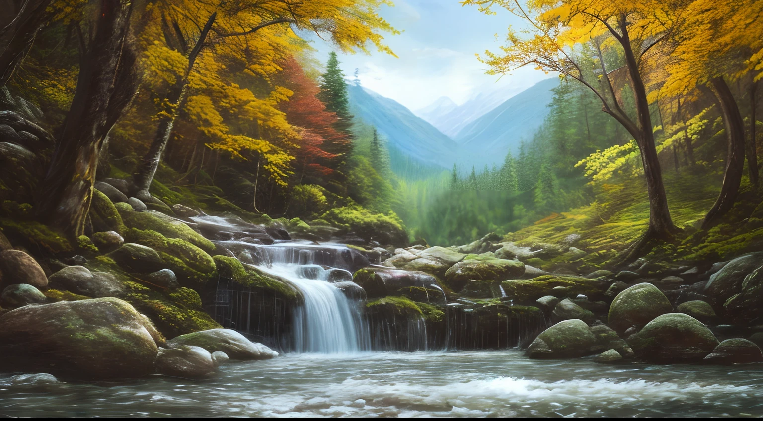 painting of a cabin in a mountain stream with a waterfall, 4 k oil painting, beautiful oil matte painting, oil painting 4 k, oil painting 4k, cottage in the forest, beautiful oil painting on canvas, beautiful digital painting, smooth oil painting, beautiful art uhd 4 k, 8 k hd detailed oil painting, oil digital painting