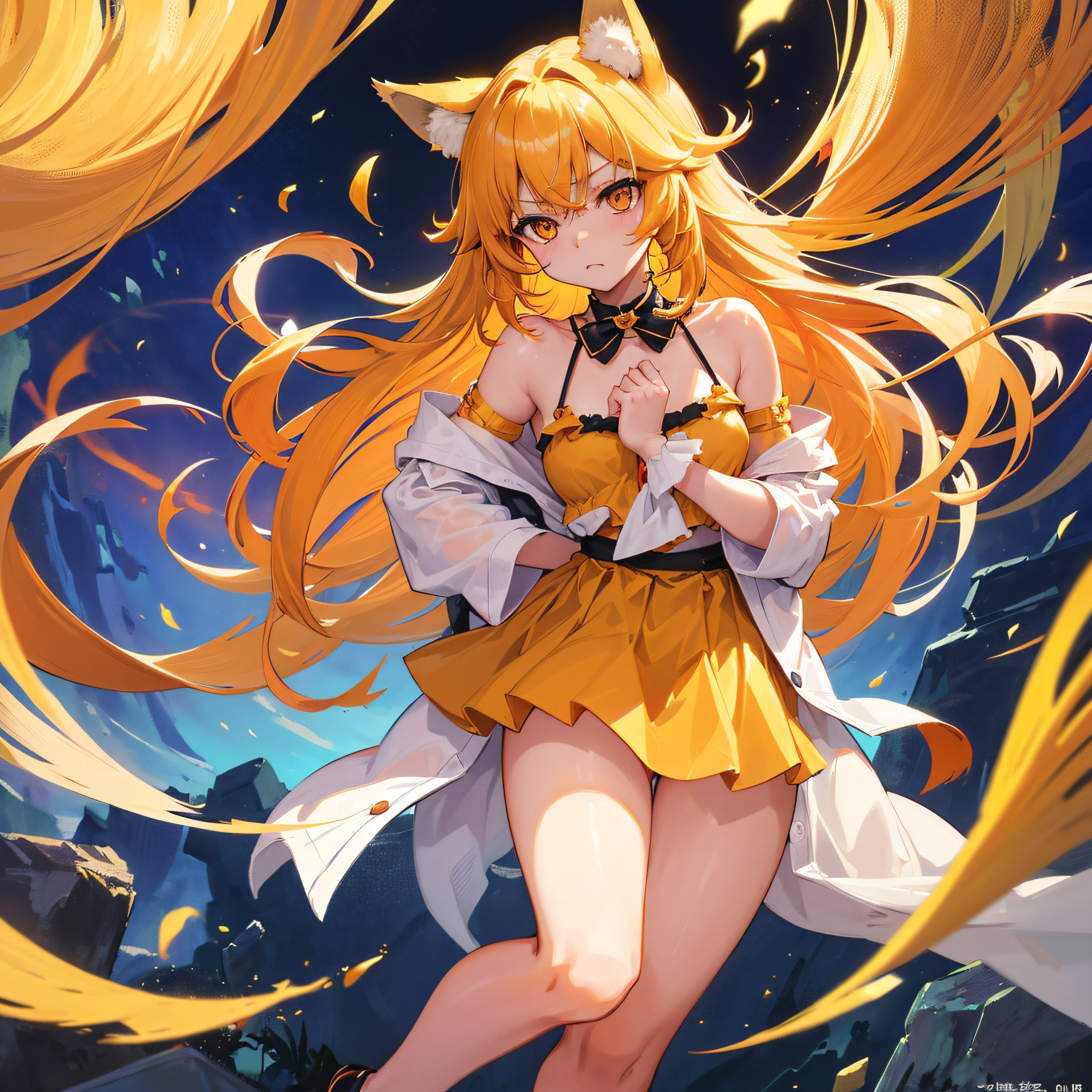 Absolutely beautiful fox girl, perfect slim body, mature royal sister face, yellow hair, large curly hair, sailor suit, sexy and seductive, beautiful face, full body portrait, standing pose, 4K picture quality, big body, feminine expression, blush shyness, deep eyes, huge breasts, short skirt