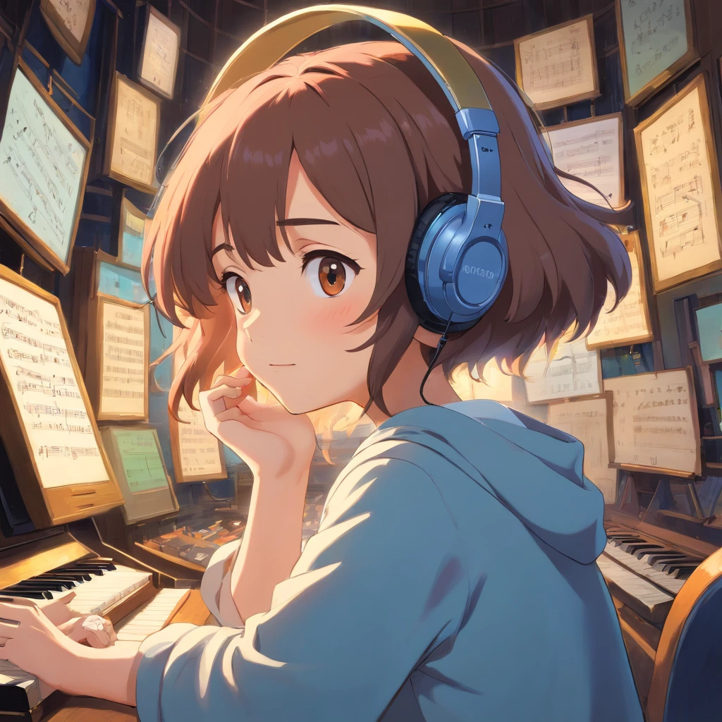 At the center of the frame is a savvy girl listening through headphones, surrounded by a scatter of musical nots. A halo appears on one of her hands, indicating that she has grasped some information that others are not privy to.