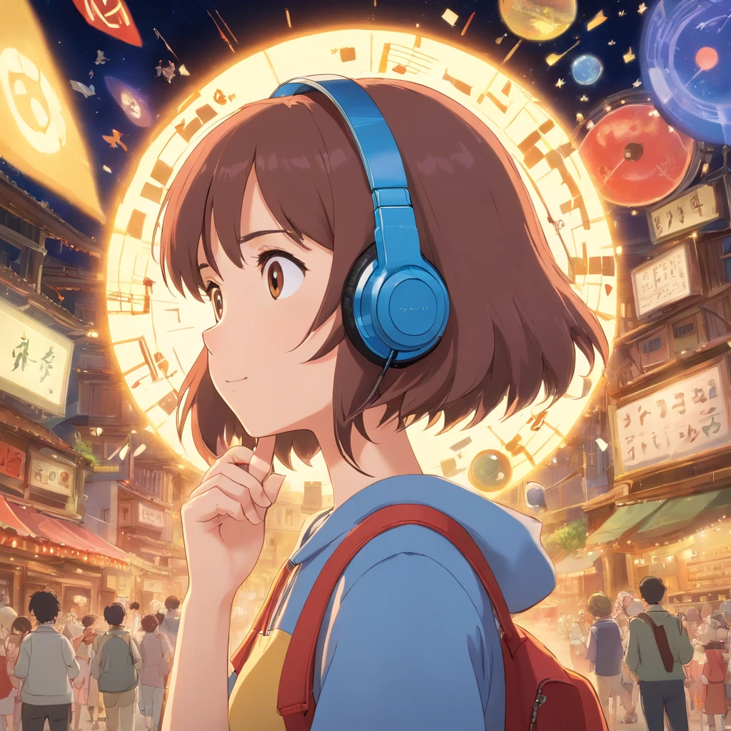 At the center of the frame is a savvy girl listening through headphones, surrounded by a scatter of musical nots. A halo appears on one of her hands, indicating that she has grasped some information that others are not privy to.