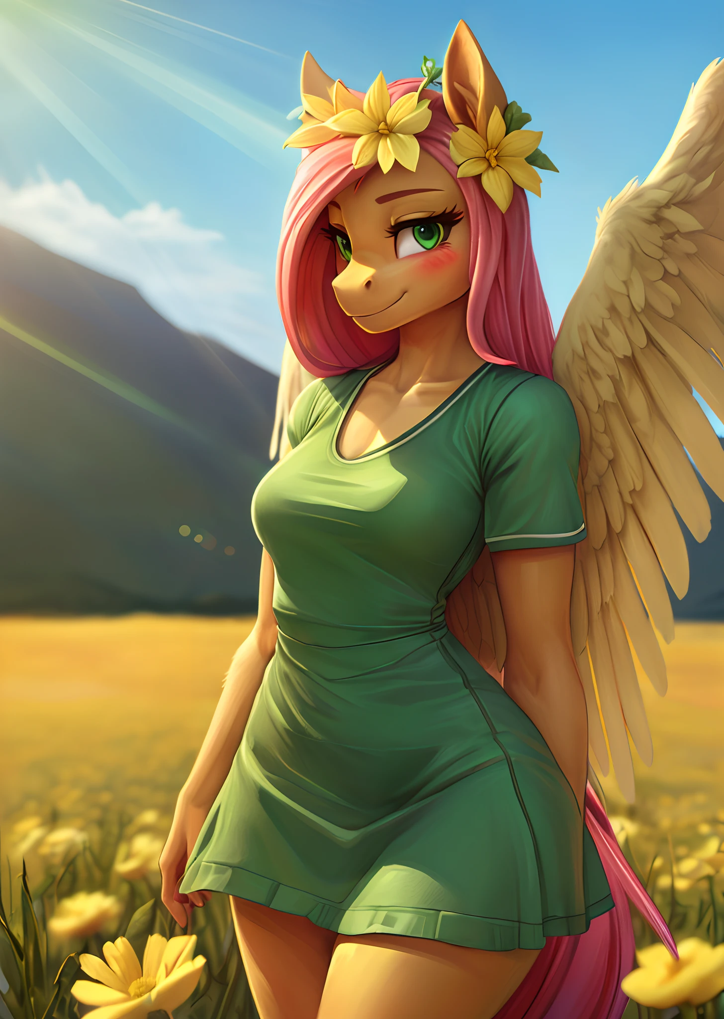 [fluttershy], [Uploaded to e621.net; (siden), (Pixelsketcher), (mayosplash), (wamudraws)], ((masterpiece)), ((HD)), ((high quality)), ((solo portrait)), ((cowboy shot)), ((furry; anthro)), ((detailed fur)), ((detailed shading)), ((beautiful render art)),  ((intricate details)), {anthro horse; (slim figure), (light-yellow fur), cute green eyes, horse snout, long pink hair, (light-yellow pegasus wings), (gorgeous hips), (beautiful legs), (blushing), cute smile}, {(short light-green dress), (short sleeves), (light-green canvas sneakers), (yellow flower in hair)}, {(standing), (arms behind back), (looking at viewer)}, [background; (green plains), (blue sky), (sun rays)]