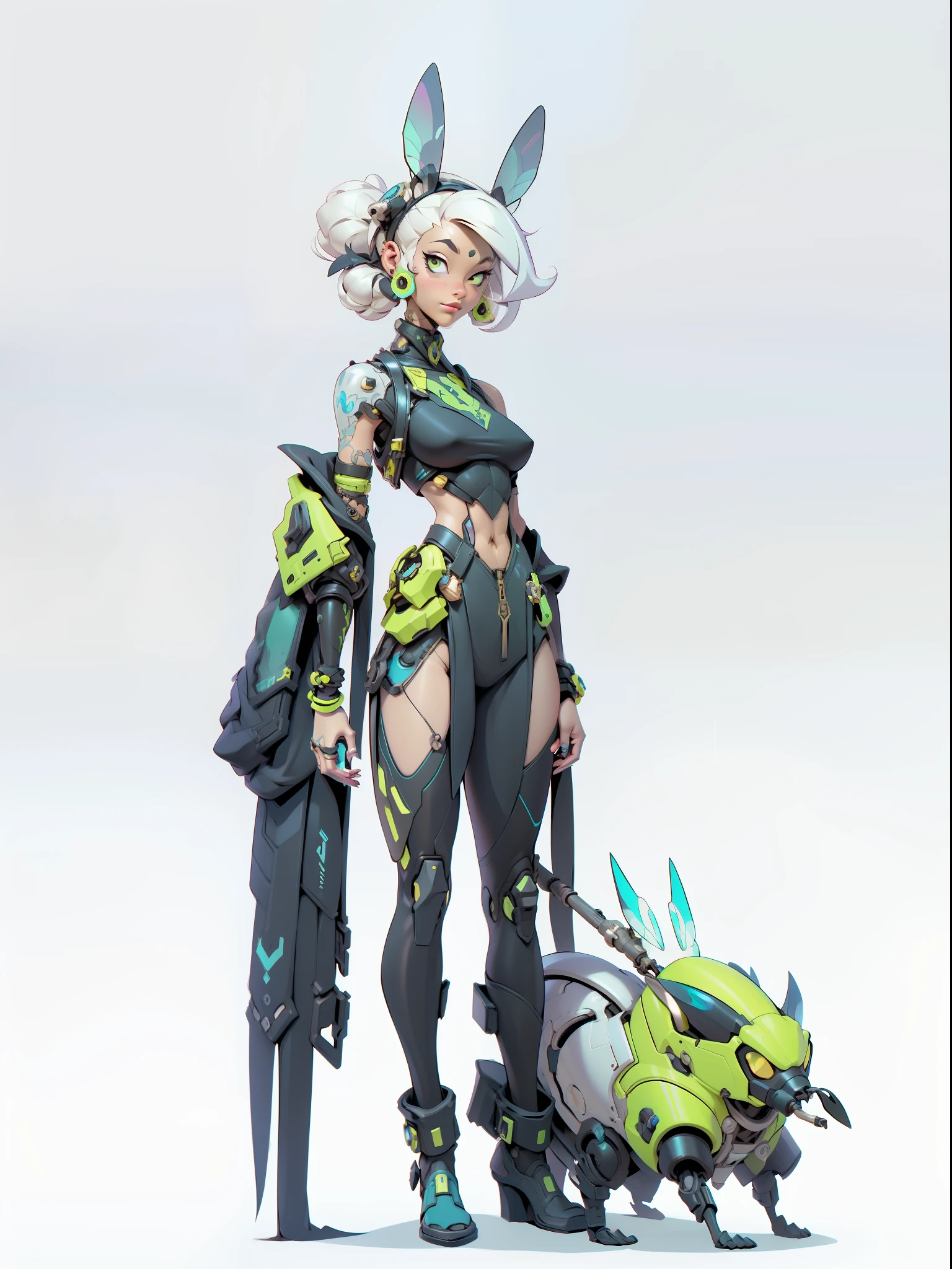 1 Anthropomorphism of bees, Full body standing painting，Solo, (tmasterpiece，top Quority，best qualtiy), ((Anthropomorphism of bees)), 独奏, Holding a black and yellow stick, (The main colors are yellow and black), human structure bee concept art, character design contest winner, cyberpunk bee, Great character design, Cyborg Wasp, Fantasy beekeeper, （（cyber punk style，machine arm，Hologram aura，Surreal Science Fiction Art，Future Science Fiction Aesthetics））, biopunk cyborg wasp, interesting character design, insect trainer girl, no type, cushart kenz, cyberpunk cyborg wasp, full body concept, high quality character design, character design art, ((very simple background))、(Game character design), white backgrounid（（（flatcolors）））