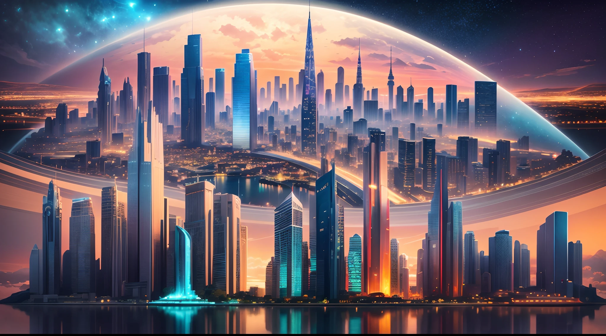 Fictional city with colorful buildings of various shapes, Brightly colored starry sky, Fantastic and surreal architecture, Luxurious and unique home, Dreamy cityscape, Stylized digital illustration with a surreal touch, Magical light and reflection of buildings, An atmosphere of mystery and wonder, Impressive details that invite exploration, --air 16:9 - V5