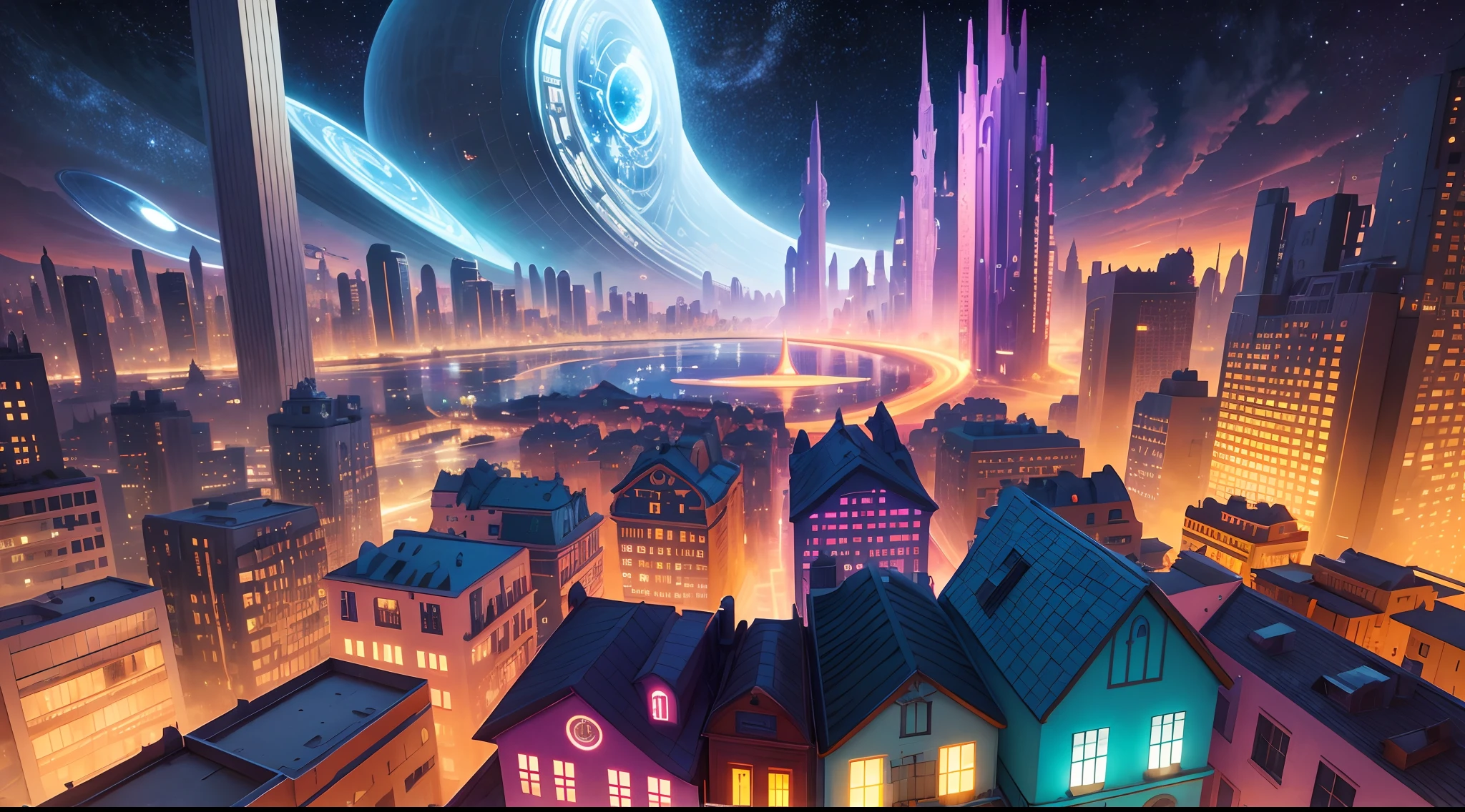 Fictional city with colorful buildings of various shapes, Brightly colored starry sky, Fantastic and surreal architecture, Luxurious and unique home, Dreamy cityscape, Stylized digital illustration with a surreal touch, Magical light and reflection of buildings, An atmosphere of mystery and wonder, Impressive details that invite exploration, --air 16:9 - V5