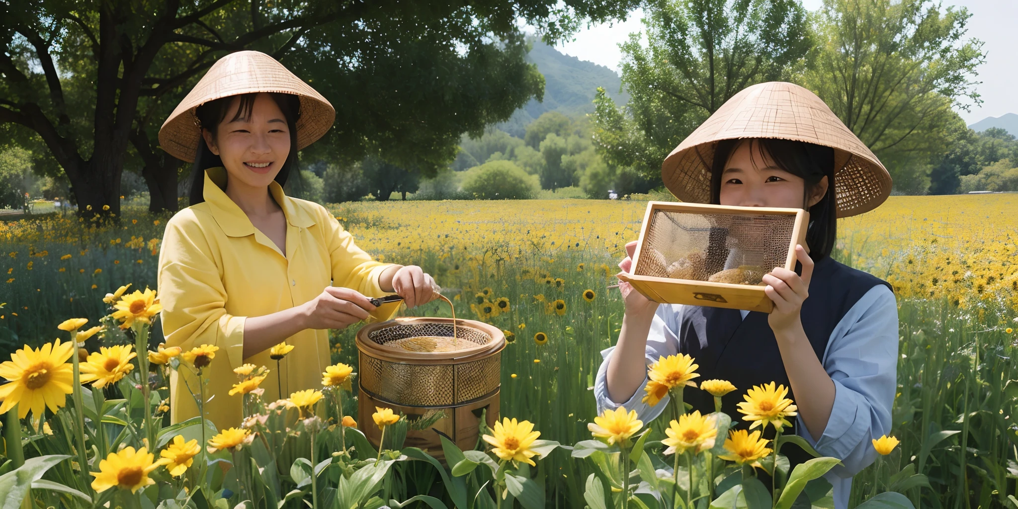 A Chinese beekeeper is shown harvesting bees，The beekeeper showed a joyful expression