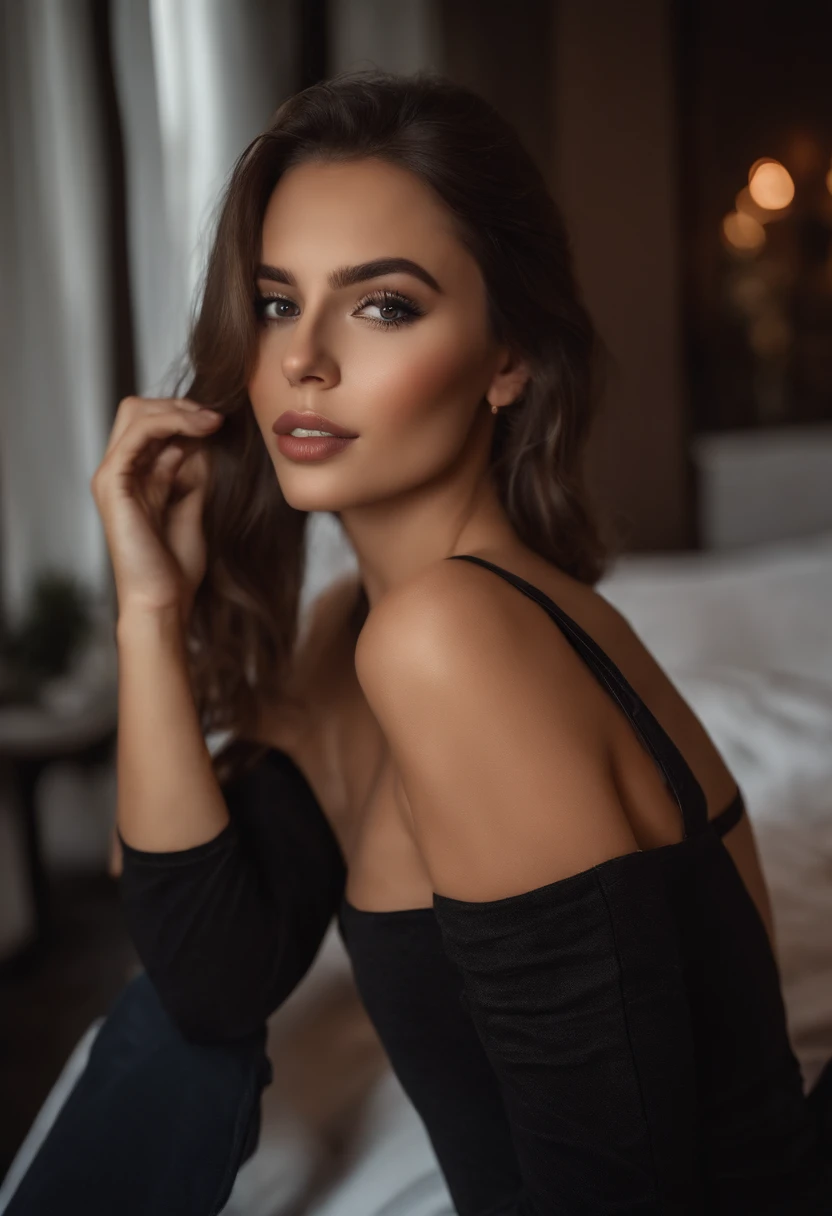 arafed frau voll , Sexy girl with brown eyes, ultra realistisch, Akribisch detailliert, portrait sophie mudd, brown hair and big eyes, Selfie einer jungen Frau, Dubai Augen, Violet Myers, ohne Make-up, Natural makeup, Blick direkt in die Kamera, Gesicht mit Artgram, dezentes Make-up, Stunning full body shot, die auf dem Bett kniet, im Schlafzimmer, medium to large bust size
