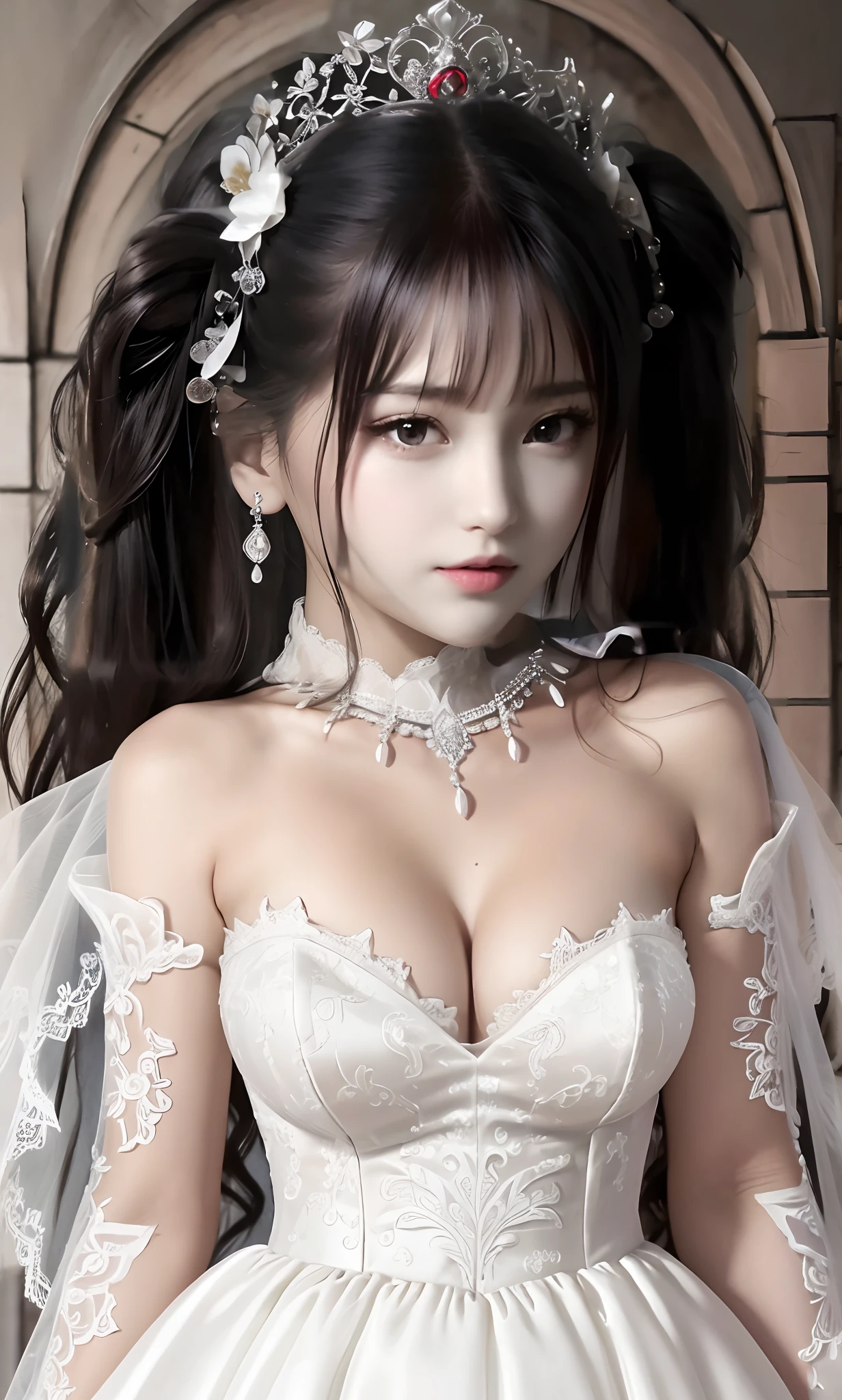 Close-up of a beautiful bride wearing a beautiful wedding dress, Gurwitz,(Pillory:1.5), (flail:1.2), flail on the head, flail on the hands,full body photo, whole body, (bridal veil: 1.5), (transparent short veil: 1.5), flushed face, head flower, tiara, Very detailed princess wedding dress,(tube wedding dress: 1.5), (silk dress: 1.2 ), (strapless wedding dress: 1.5), (floor length skirt:1.2), pure white dress,white long skirt, necklace, earrings, (huge breasts: 1.3), deep V heart-neck wedding dress, bangs, lipstick, (lace gloves: 1.3), high detail RAW Color art,