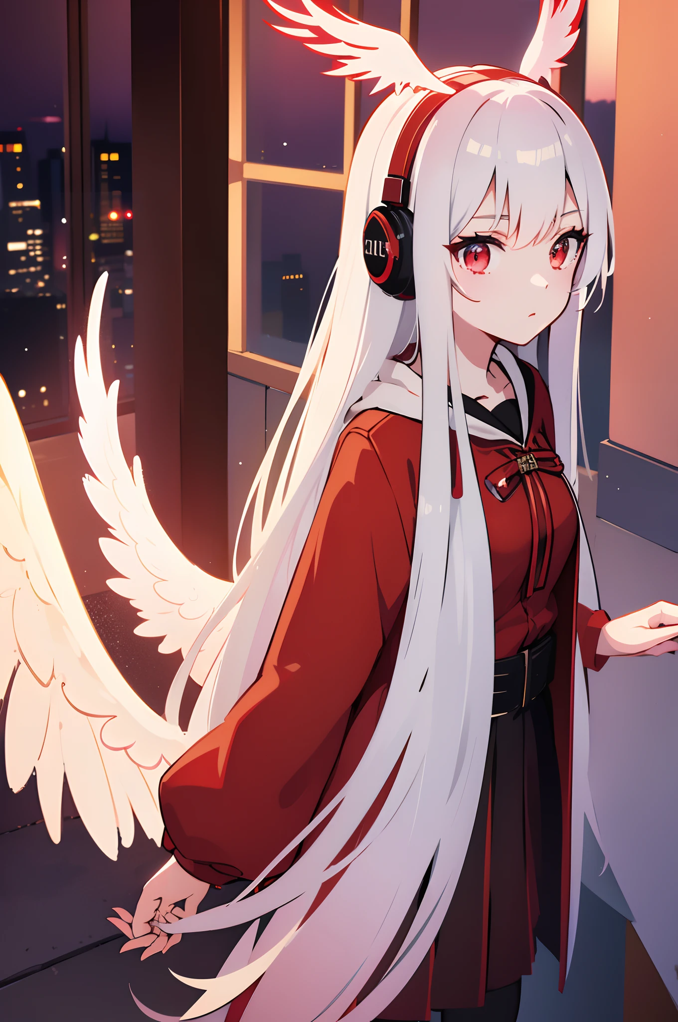 teens girl,White hair,Red glowing eyes, sportrait, photorealestic,(Red and white trench coat),Red scarf,a black pleated skirt,black t-shirts,longer sleeves,((With a hood))Red and white headphones,(((Multiple pairs of angel wings))),side-lighting, the wallpaper, NSFW, Depicting female characters from ethereal anime in a high-quality anime art style,8K,Red and white shoes with a sense of technology,Tech-enabled headphones,closeup cleavage
