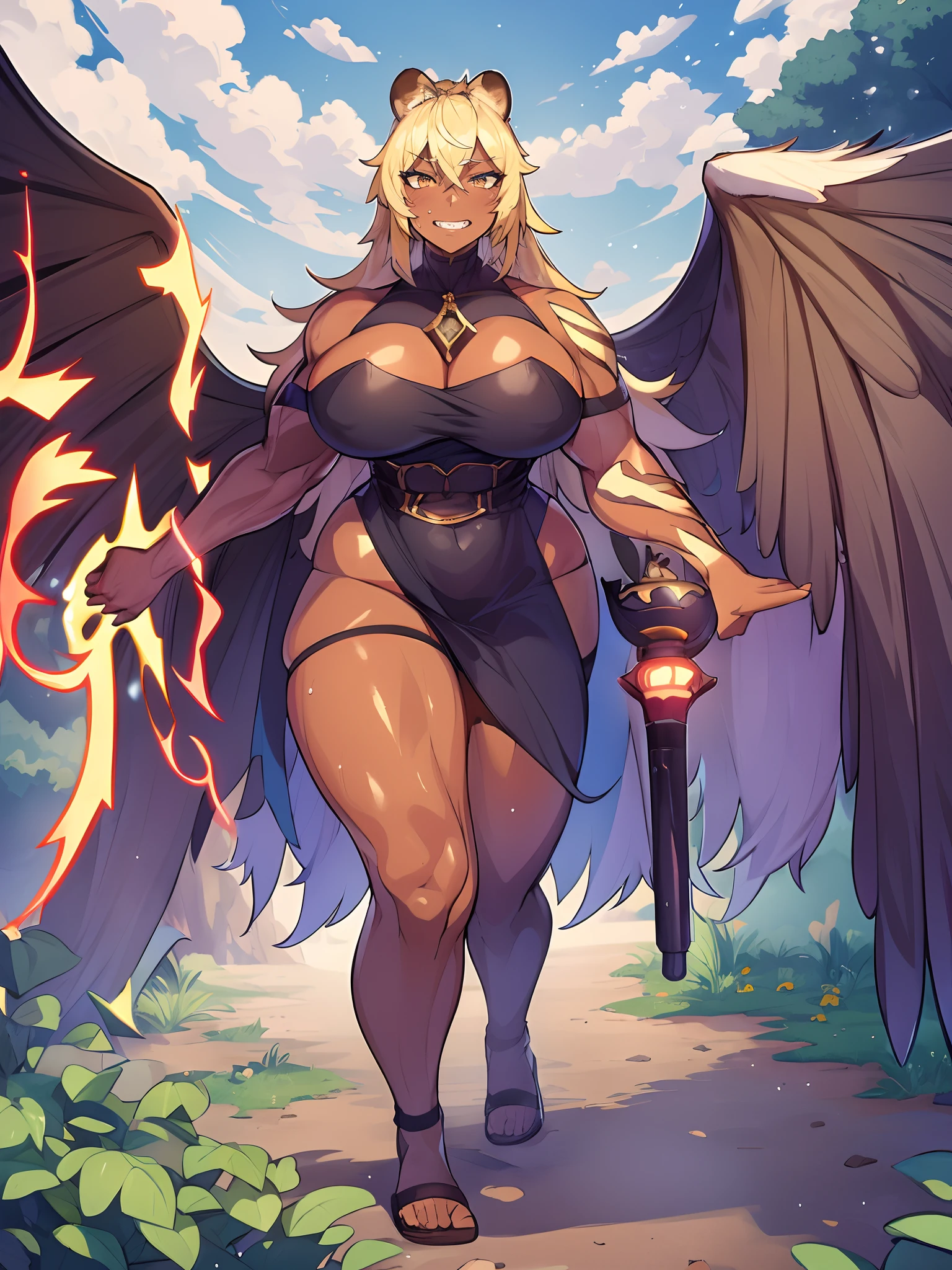 Muscle girl, dark-skinned woman, big chest, wings, happy,, , panties,skirt, portrait, 1character, full body, walking, ,village, farm, , forest,flipflops,blond hair, revealing cloth, leopard cloths , barbarian,wings, fake animal ears, light smile, ear blush, fang, Surrealism, drop shadow, anaglyph, stereogram, tachi-e, pov, atmospheric perspective, Romanticism, Renaissance, 8k, super detail, ccurate, best quality, best quality, high quality, super detail, anatomically correct, UHD, retina, masterpiece, textured skin, ccurate, high details, award winning, highres, 1080P, HD, 4K, staff holding, angel wings, panty, walking