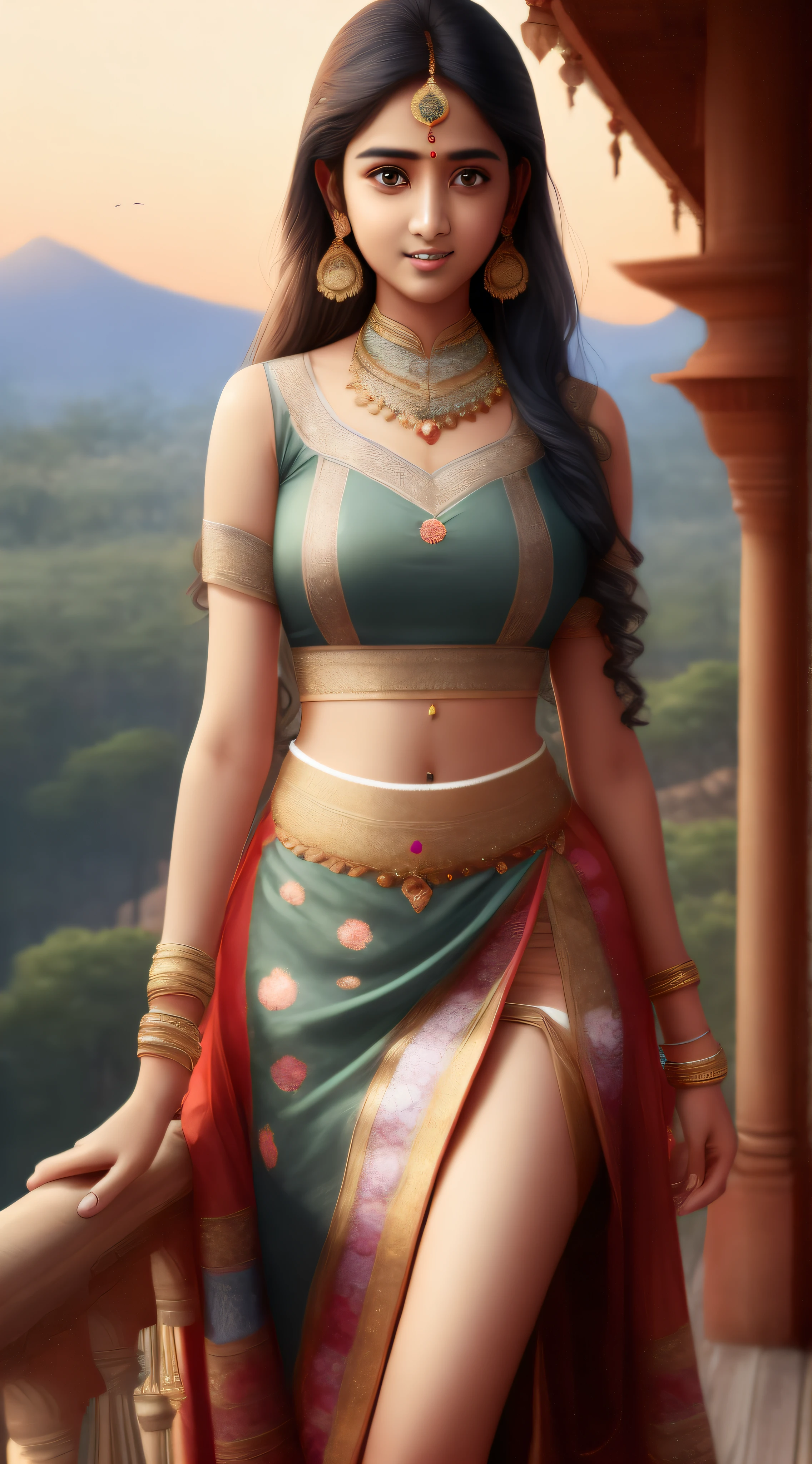"Best quality, masterpiece, ultra high res, (photorealistic:1.4), anime girl, shoulder, charming, full body, slim legs, wearing Indian dress, looking at the camera."
