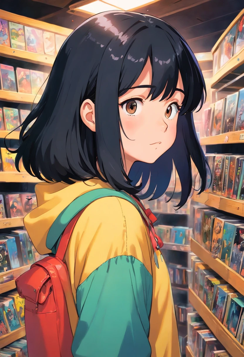 A lovely  girl,black color hair, With a crying voice, Wearing clothes from the 80s, She was in a vinyl record store.