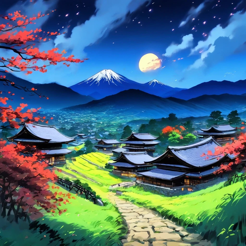 Cottage nearby,Hakuba walks on winding paths,Mountains loom in the distance,themoon,Qi Baishi,wide high angle view,the night,after rainny