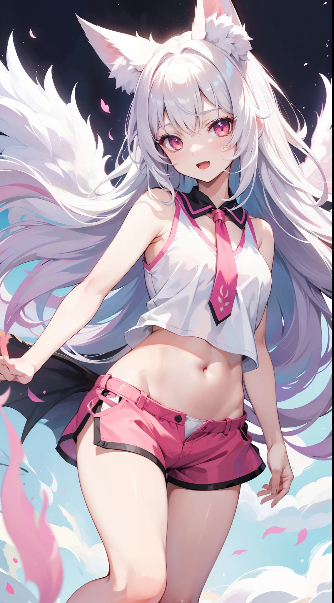 young girl, Very long white hair, pink eyes, fox ears, Very long fox tail, ssmile, opened mouth, Dragon Wings, Flight, white tanktop, Sleeveless, Shorts, open belly, Masterpiece, hiquality, 4k, HD, Good detail