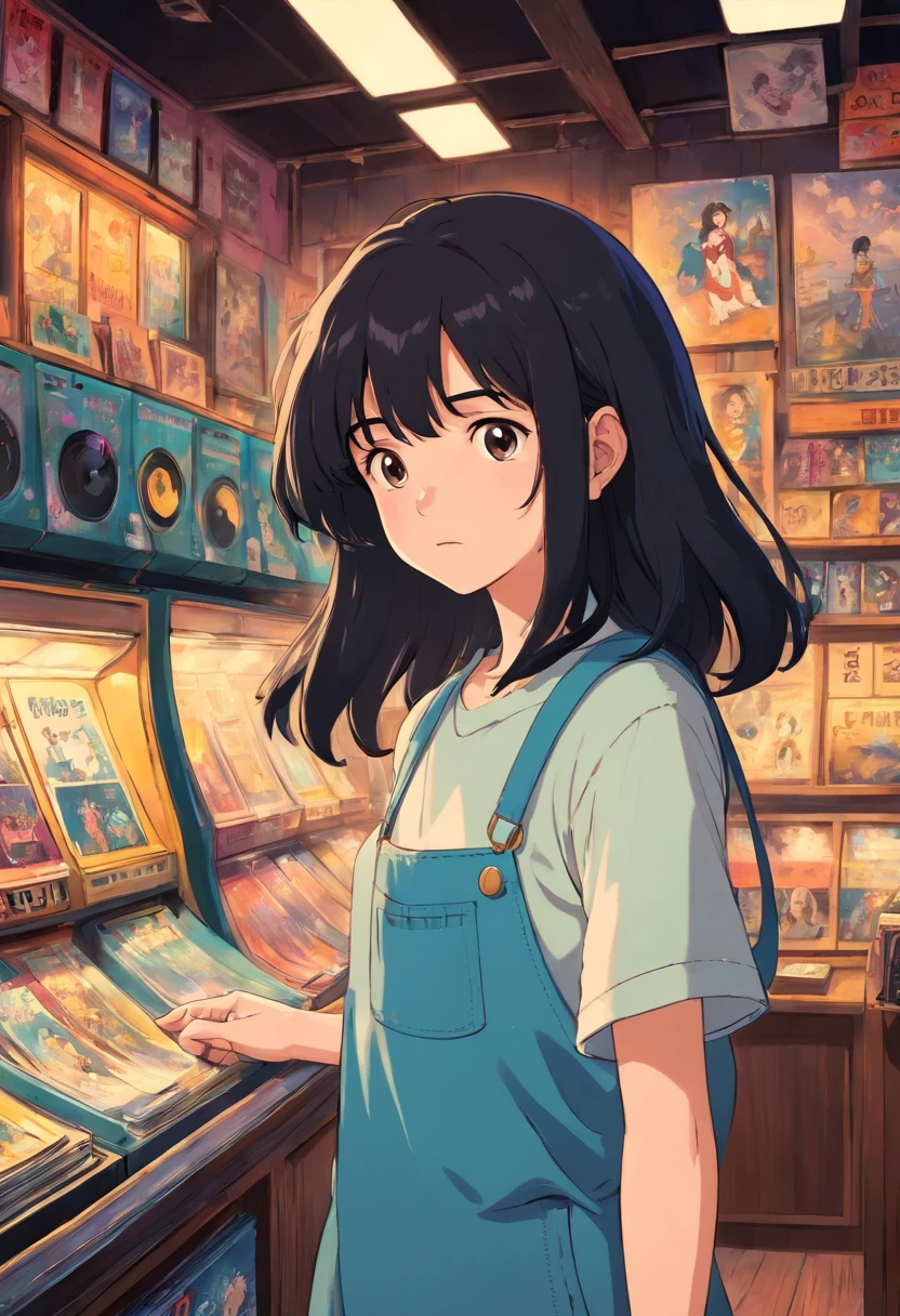 A lovely girl,Black color hair, With a crying face, Wearing clothes from the 80s, She was in a vinyl record store.