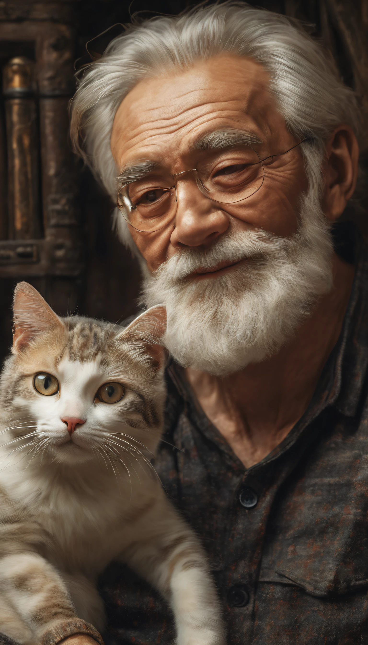 Best Quality, Realistic, 8K, Photorealistic, award-winning illustration, (Intricate details: 1.5), (delicate detail), (Intricate details), Perfect portrait composition, perfect expression, Puriasant Face, good looking face, Old man with white hair and white beard sitting and looking at camera, A cat is sleeping next to an old man、Photorealistic paintings by McConnor, pexels, Realism, simple background, Create a contrast between realistic and artistic elements of the image、Masterpiece、the golden ratio、8kAnd then、