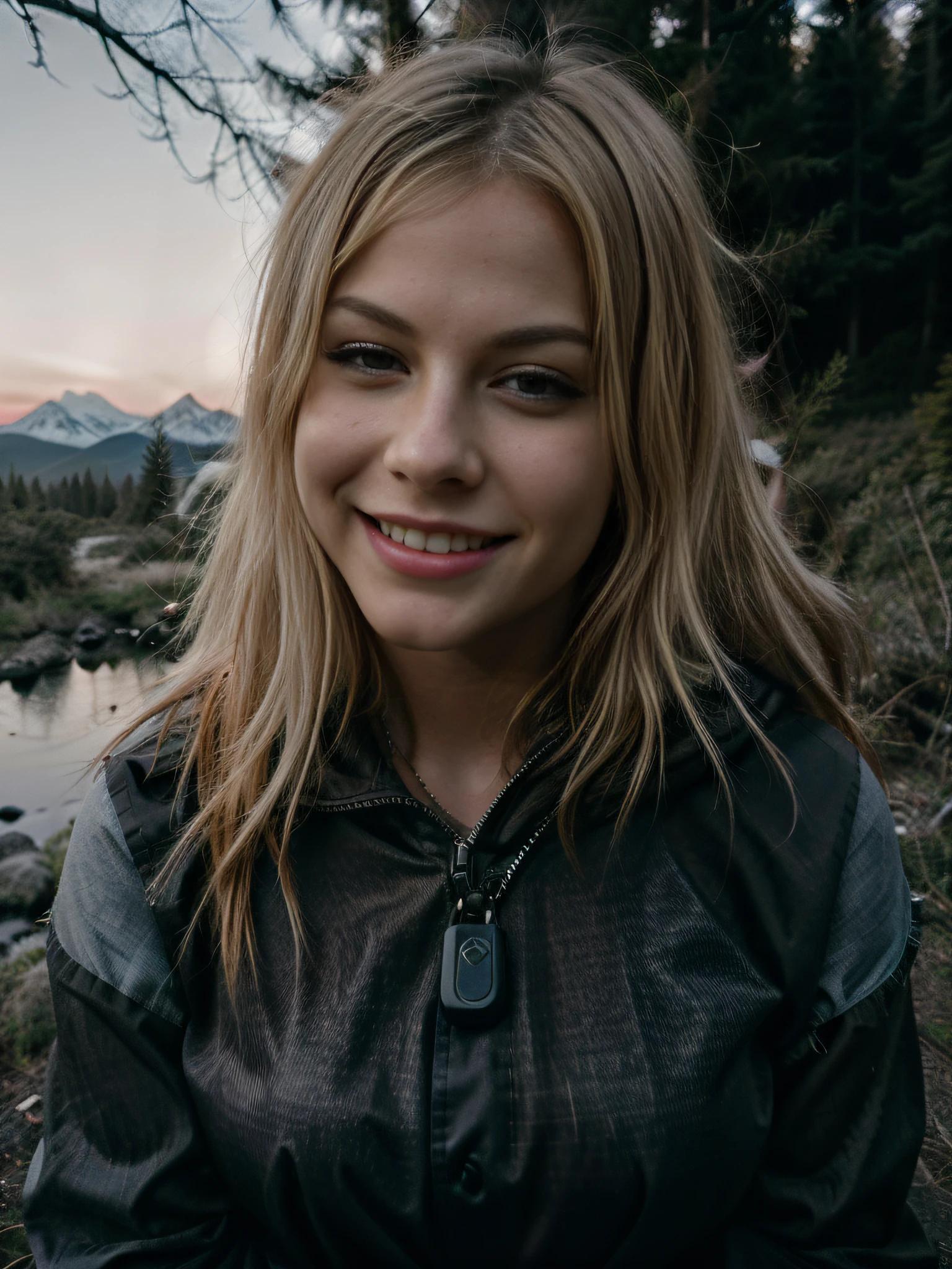 ((semi-body shot)), ((cowboy shot)), photorealistic, best quality, hyper detailed, beautiful blonde woman, solo, wearing black top, outdoors, (night), mountains, real life nature, stars, moon, (cheerful, happy), sleeping bag, flashlight, forest, rocks, river, wood, smoke, fog, clear sky, analog style, looking at viewer, skin texture, film grain, close up, ultra high res, best shadow, RAW, instagram LUT,  avril lavigne, hayley williams, grin