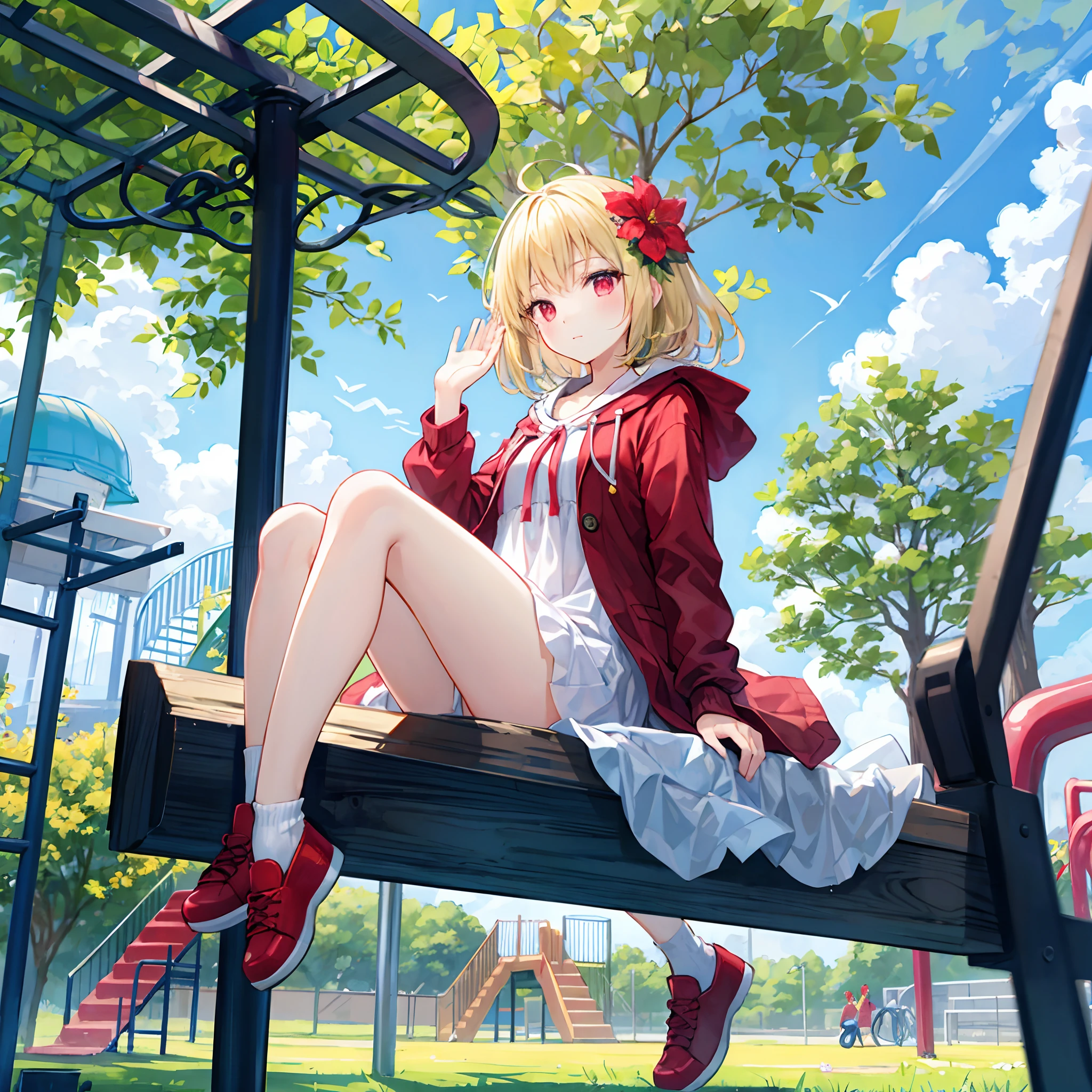 Blonde and red-eyed girl、Fluffy clothes、Sunlight、flower field、Playing on playground equipment in the park