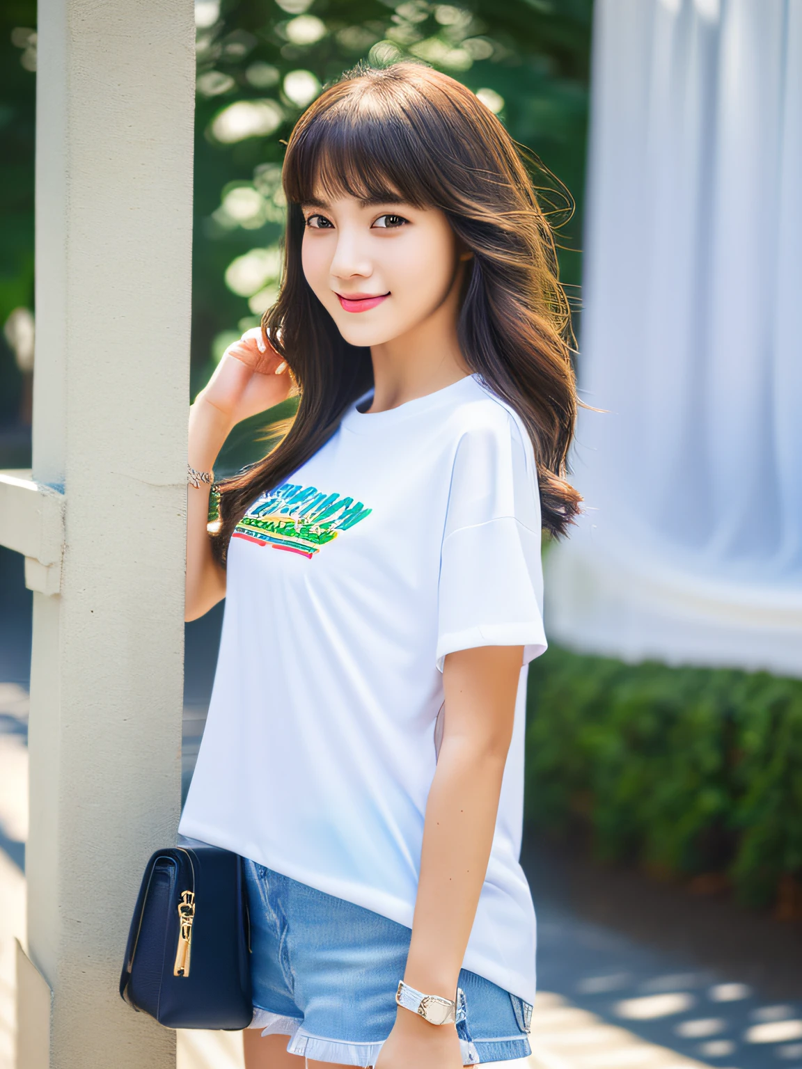 (full body),1 girl,high school student,(plain white t-shirt),light smile,
master piece,8k,(master piece,ultra high resolution:1.5),(master piece,photorealistic:1.5),(master piece,best quality,ultra detailed:1.5) master piece,detailed eyes,master piece,detailed face,