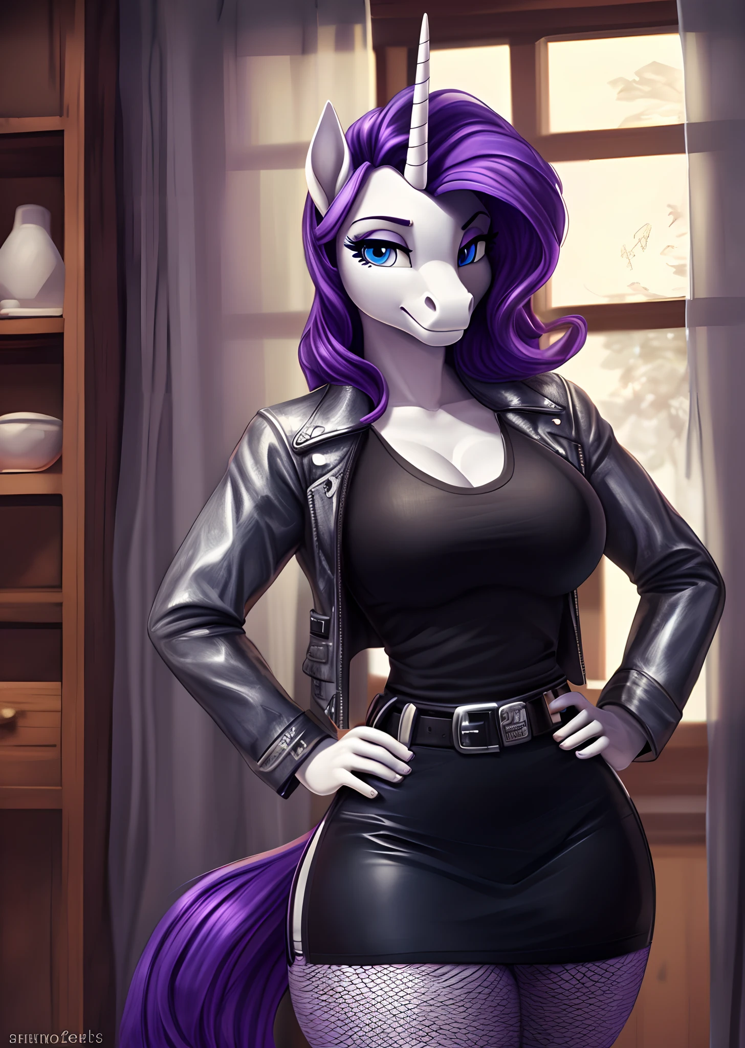 [rarity], [Uploaded to e621.net; (siden), (Pixelsketcher), (mayosplash), (wamudraws)], ((masterpiece)), ((HD)), ((high quality)), ((solo portrait)), ((cowboy shot)), ((furry; anthro)), ((detailed fur)), ((detailed shading)), ((beautiful render art)),  ((intricate details)), {anthro horse; (slim figure), (white fur), cute indigo eyes, (half-closed eyes), horse snout, (long curly purple hair), (light-purple highlights), (long curly purple horse tail), (short unicorn horn), (gorgeous hips), smug smirk}, {(black tee shirt), (cleavage), (silver leather jacket), (short black pencil skirt), (black belt), (silver buckle), (fishnet thigh-highs)}, {(attractive stance), (hands on hips), (looking at viewer)}, [background; (salon), (mirror), (window), (blue sky), (sun rays)]