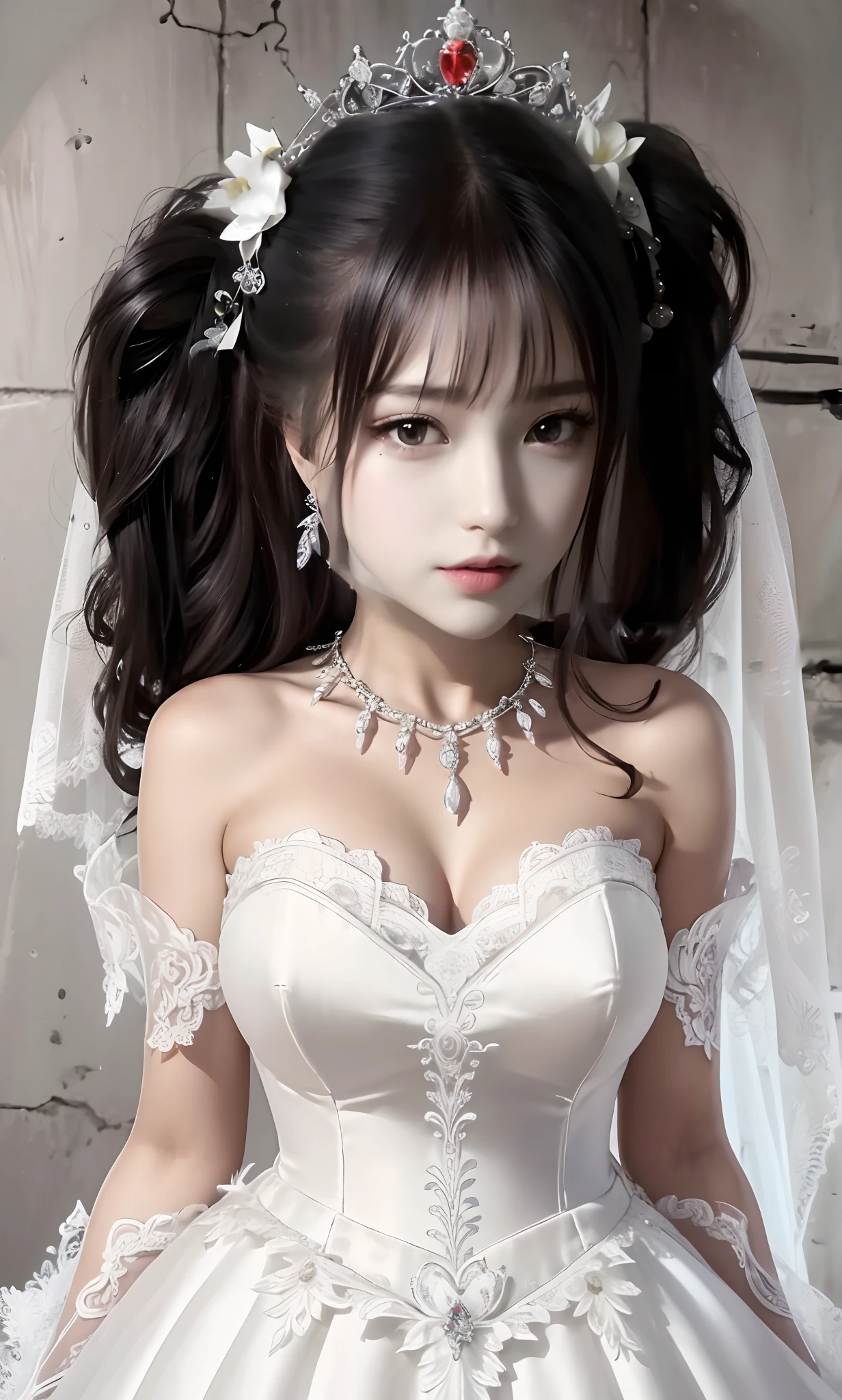 Close-up of a beautiful bride wearing a beautiful wedding dress, Gurwitz,(Pillory:1.5), (flail:1.2), flail on the head, flail on the hands,full body photo, whole body, (bridal veil: 1.5), (transparent short veil: 1.5), flushed face, head flower, tiara, Very detailed princess wedding dress,(tube wedding dress: 1.5), (silk dress: 1.2 ), (strapless wedding dress: 1.5), (floor length skirt:1.2), pure white dress,white long skirt, necklace, earrings, (huge breasts: 1.3), deep V heart-neck wedding dress, bangs, lipstick, (lace gloves: 1.3), high detail RAW Color art,