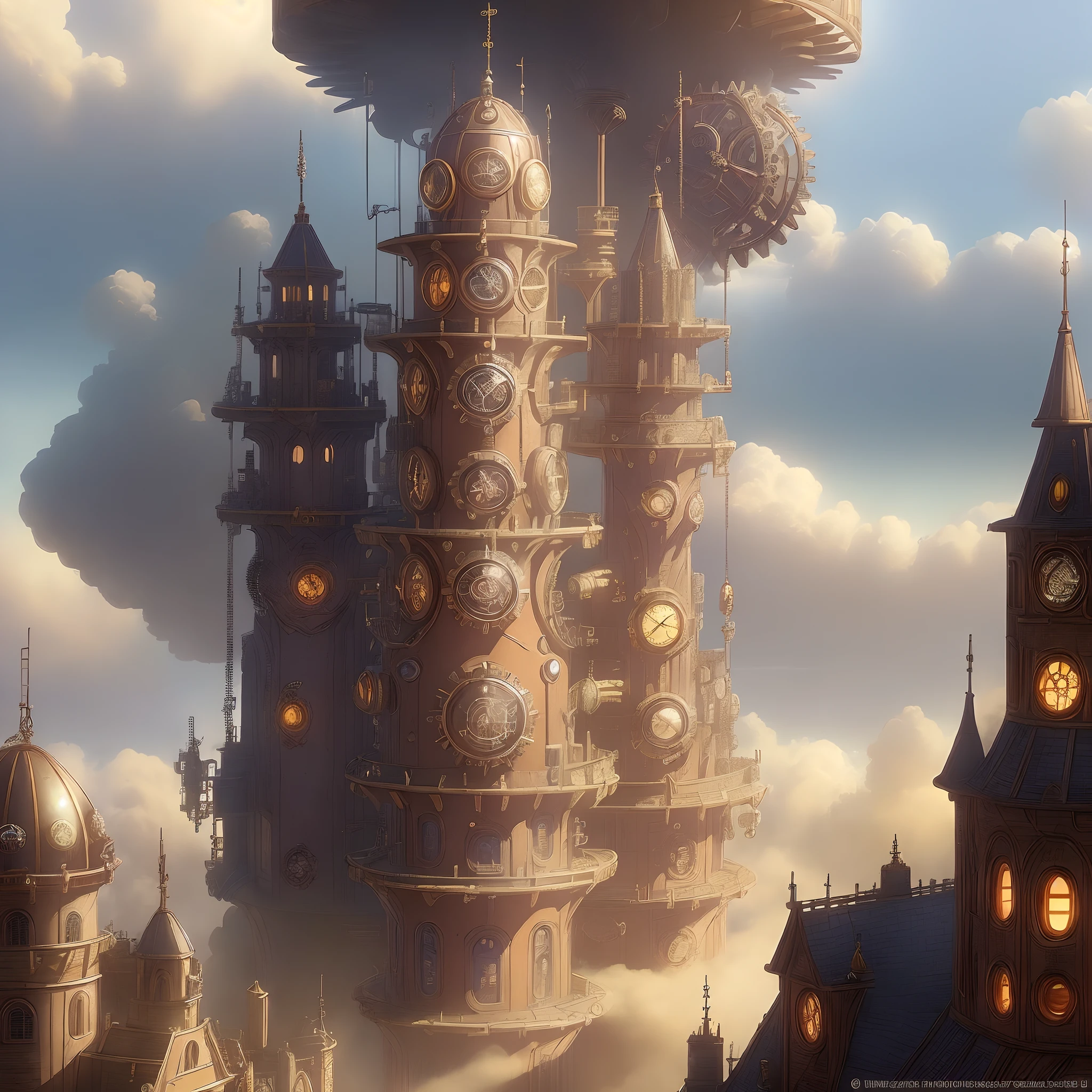 "((fantasy magical steampunk city setting)), realistic anime style, ultra detailed, best quality, using excellent lighting and perfect shadows, at dynamic angles, with emphasis on the details of the environment and characters ((with gears)+steam+magic+futuristic buildings),"